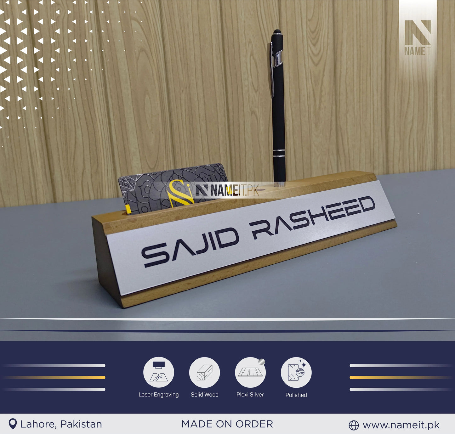 Personalized Office Desk Name Sign, Wooden Desk Name Plate, Anniversary Gift Desk Plaque, Laser Engraved Office Name Wedge, Desk Decorations, With Card,Pen Holder