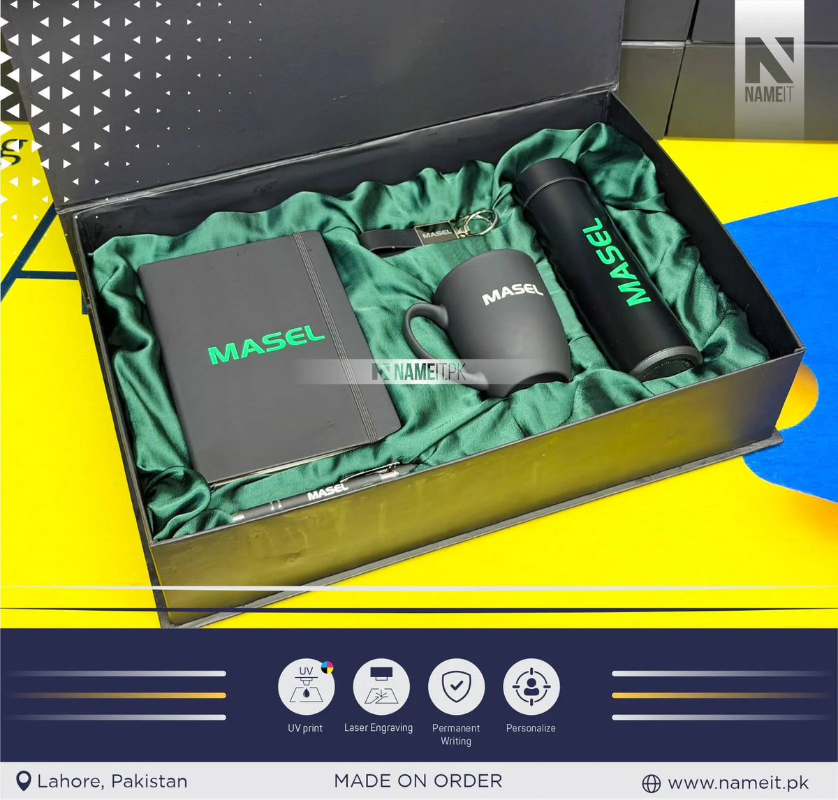 Gift Box, Premium Personalized Corporate Gift Box Set – Custom Printed Diary, Engraved Mug, Engraved Metal Pen, Printed Water Bottle and Engraved Metal Keyring | Luxury Executive Gift