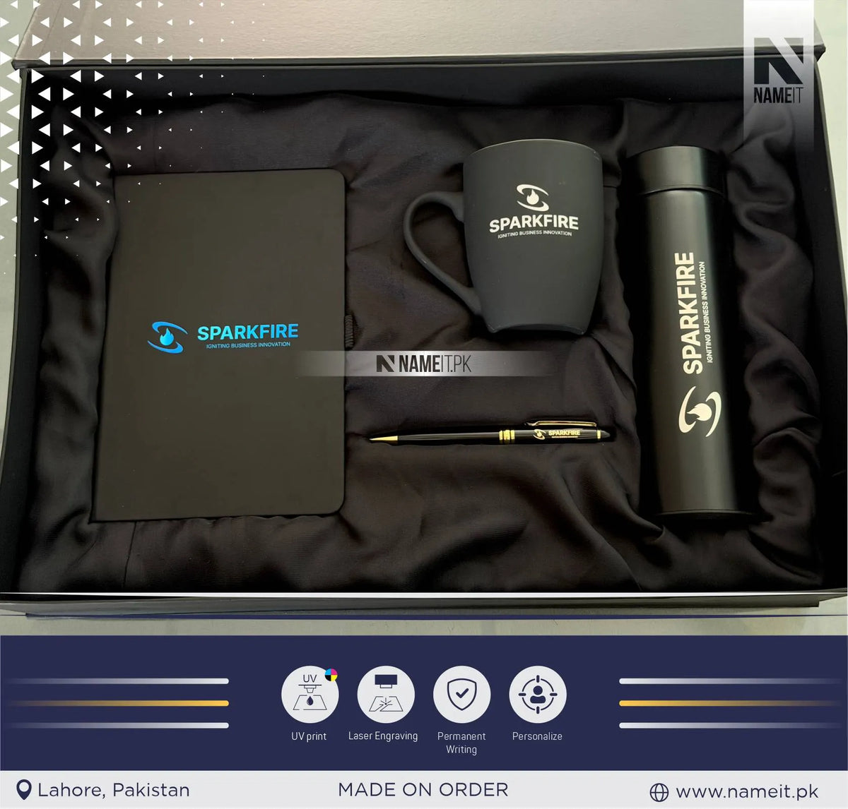 Gift Box, Premium 5-in-1 Corporate Gift Box Set – Matte Black Executive Welcome & Client Appreciation Kit (Includes Insulated Thermos, Matt Mug, A5 Notebook, Metal Pen, and Keychain)