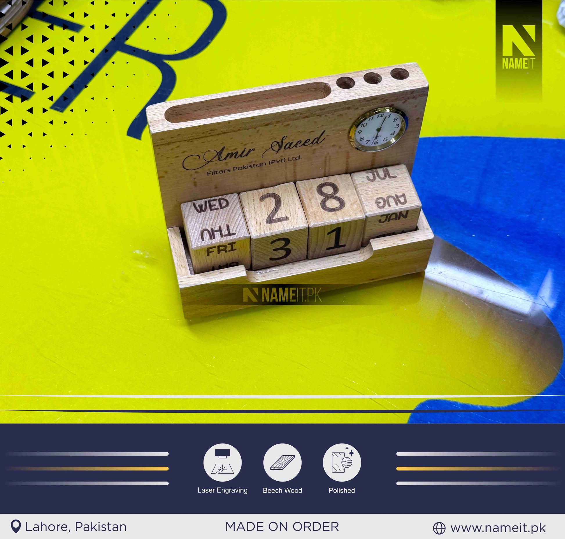Wooden Pen stand with clock & Calendar | Desk organizer with Month, Date Calendar | Pen stand with clock for office, work, Home Decor, 2 compartment wooden pen stand NAMEIT PAKISTAN