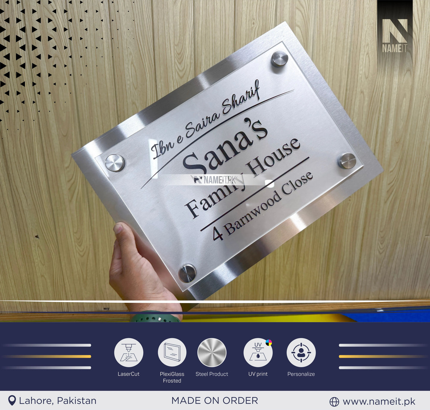 Name Plate Acrylic & Stainless Steel, indoor & outdoor, Office name Plate, House Name Plate