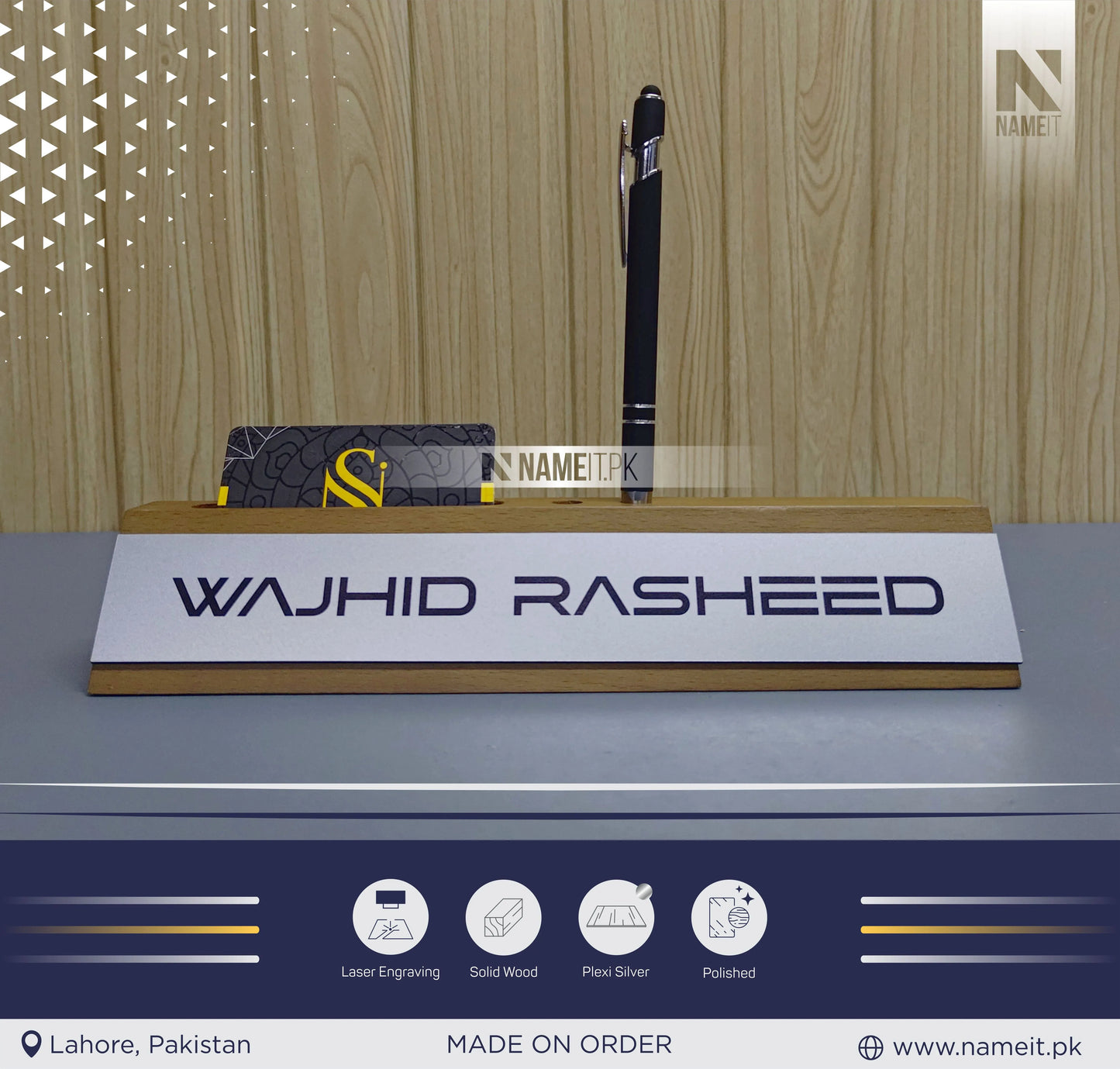 Personalized Office Desk Name Sign, Wooden Desk Name Plate, Anniversary Gift Desk Plaque, Laser Engraved Office Name Wedge, Desk Decorations, With Card,Pen Holder