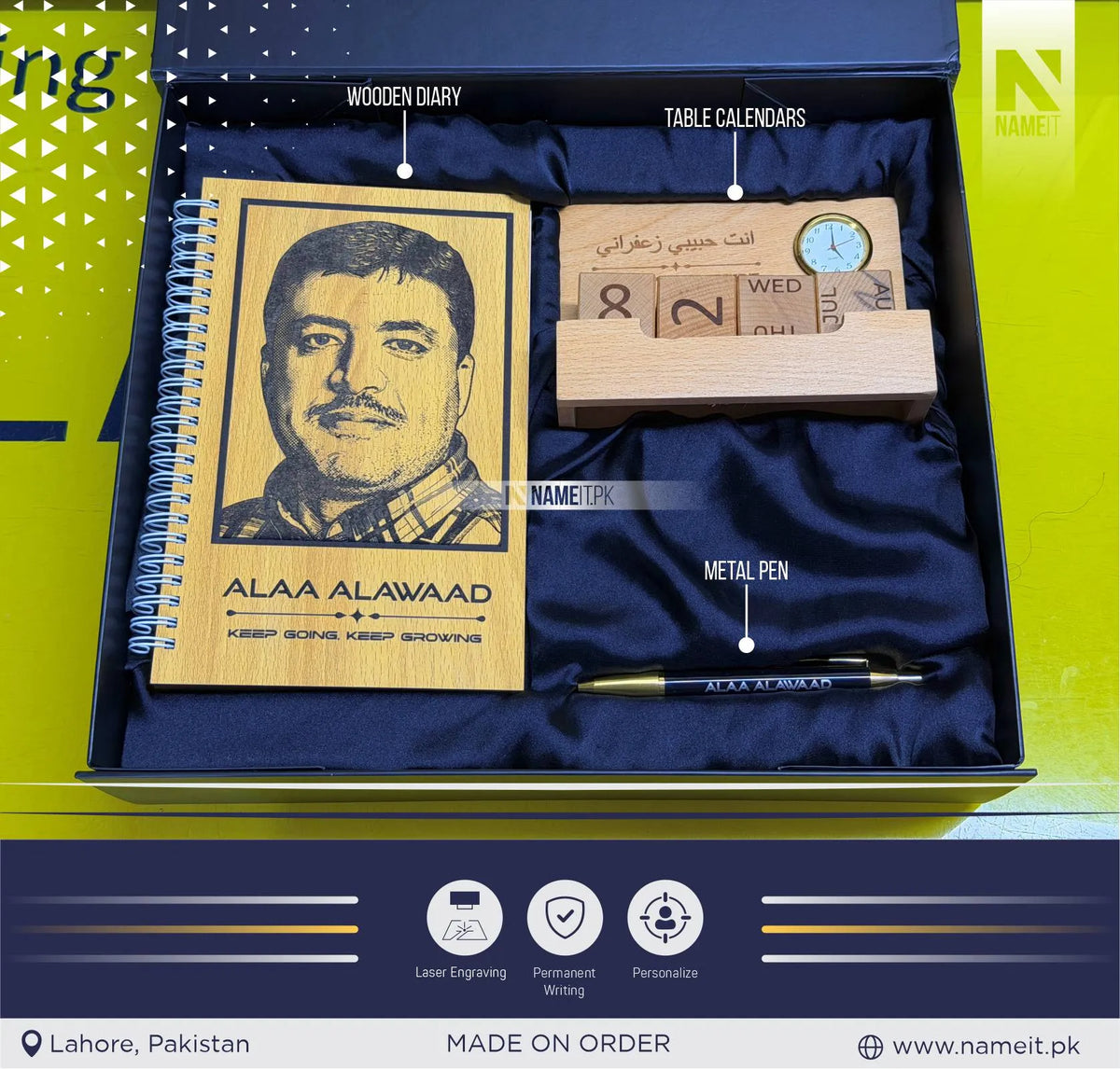 Premium Personalized Wooden Gift Set - Custom Photo Laser Engraved Journal Diary, Desk Calendar with Analog Clock, and Luxury Customized Metal Name Pen, Executive Gift Box