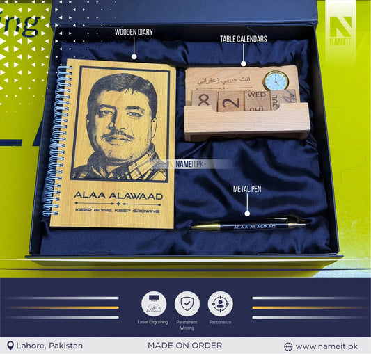 Premium Personalized Wooden Gift Set - Custom Photo Laser Engraved Journal Diary, Desk Calendar with Analog Clock, and Luxury Customized Metal Name Pen, Executive Gift Box