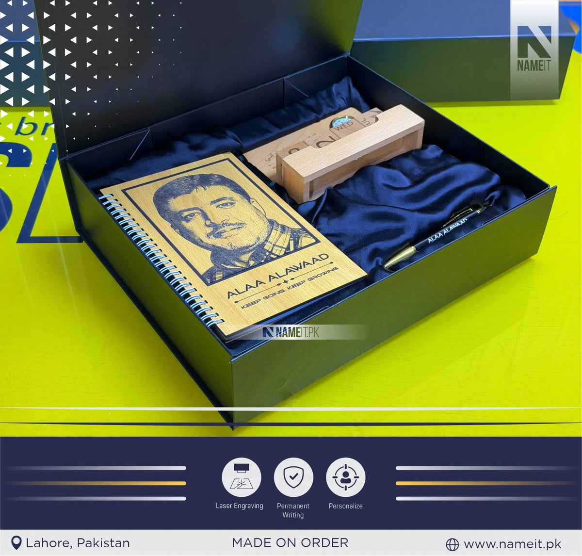 Premium Personalized Wooden Gift Set - Custom Photo Laser Engraved Journal Diary, Desk Calendar with Analog Clock, and Luxury Customized Metal Name Pen, Executive Gift Box