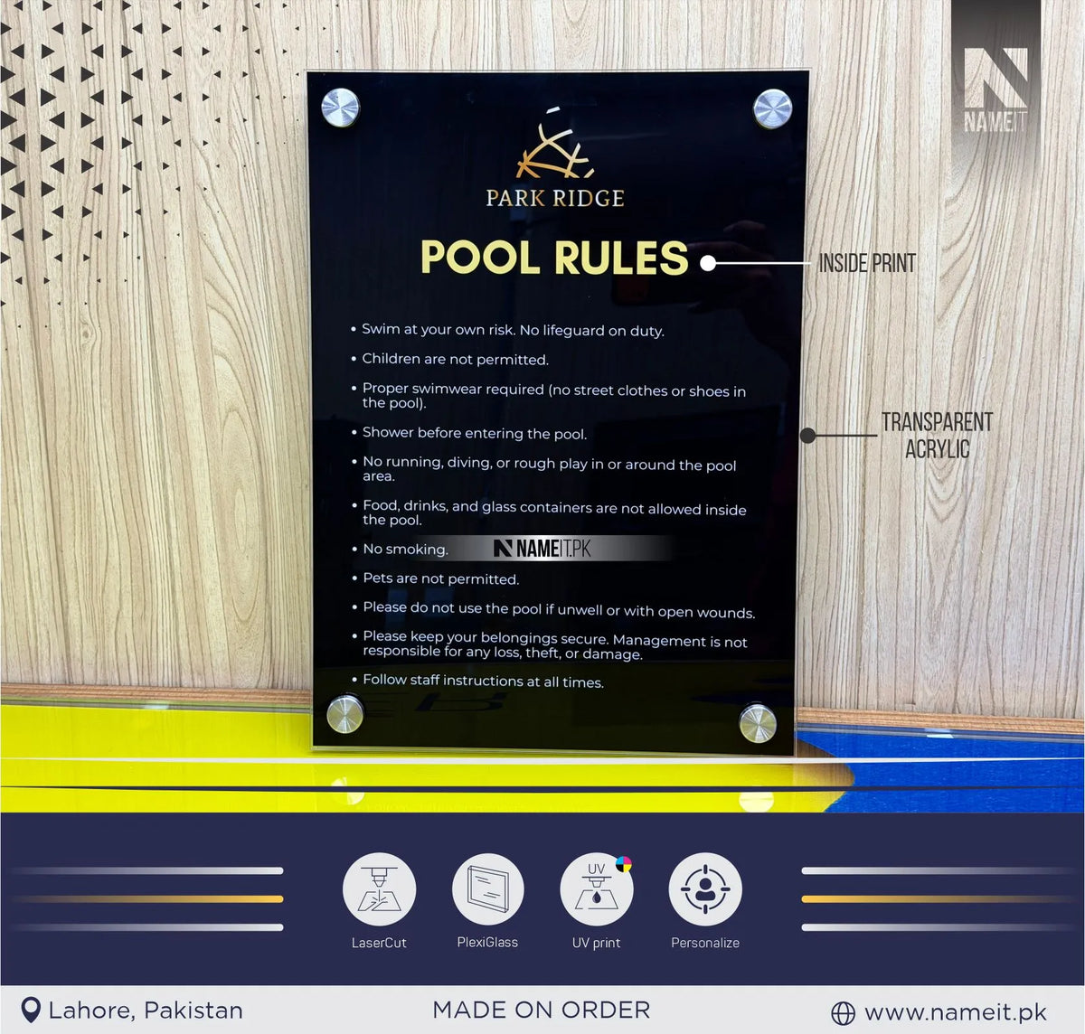 Luxury Transparent Acrylic Pool Rules Sign with Premium Reverse Inside Print and Stainless Steel Standoff Mounts - Modern Swimming Pool Safety & Regulations Wall Plaque