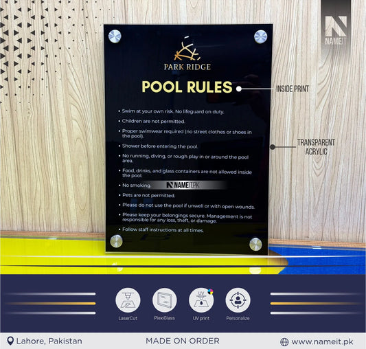 Luxury Transparent Acrylic Pool Rules Sign with Premium Reverse Inside Print and Stainless Steel Standoff Mounts - Modern Swimming Pool Safety & Regulations Wall Plaque