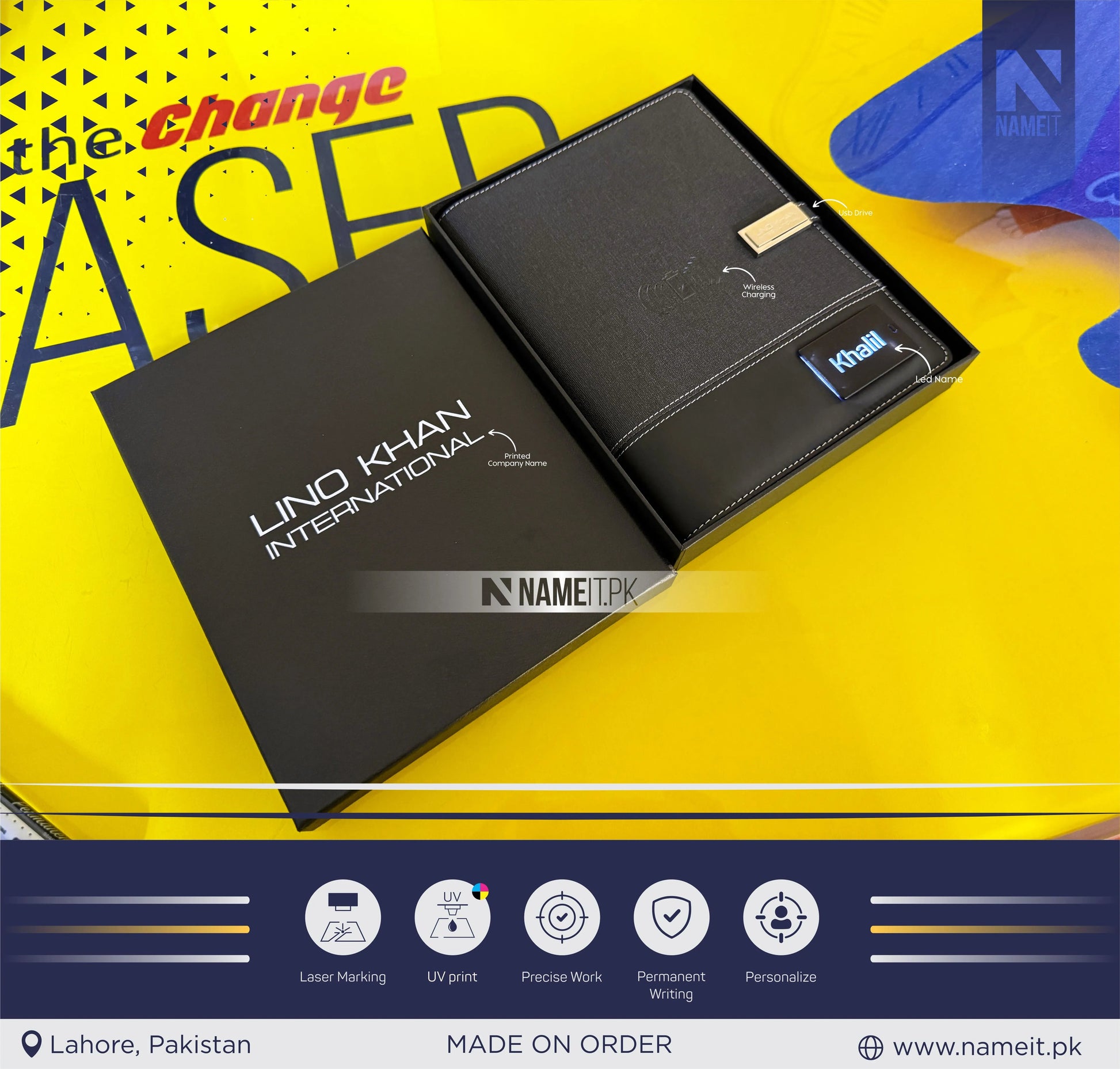 Diary, Personalized TechFolio, Diary with wireless Power Bank USB Drive, Lamp , Passport Pocket NAMEIT PAKISTAN