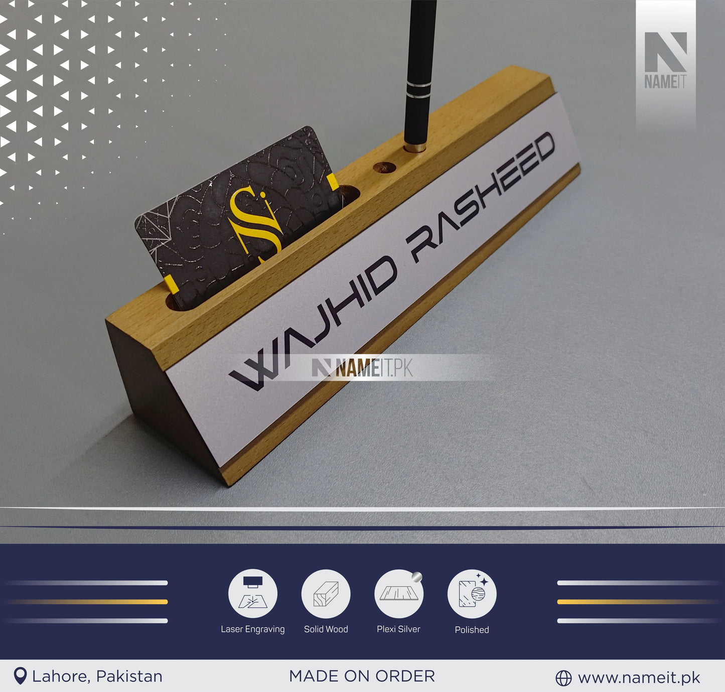 Personalized Office Desk Name Sign, Wooden Desk Name Plate, Anniversary Gift Desk Plaque, Laser Engraved Office Name Wedge, Desk Decorations, With Card,Pen Holder