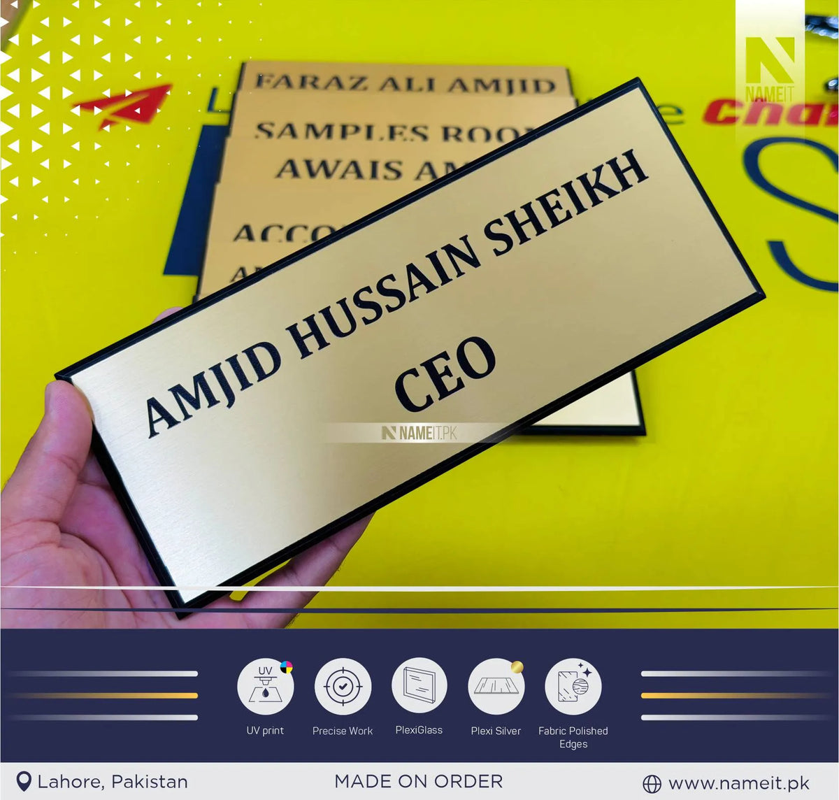 Premium Golden Acrylic Wall Hanging Name Plate | Custom CEO & Office Wall Sign | Direct Printed Golden Plexi Name Plate