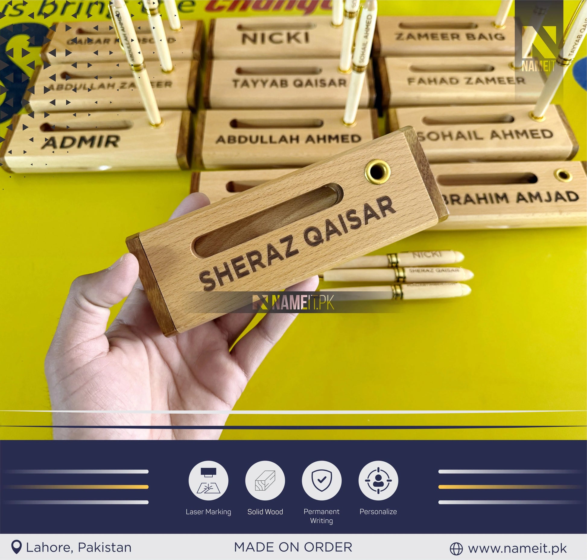 Wooden Pen and Holder Box, Custom Engraved Name Wooden Holder Box Set NAMEIT PAKISTAN