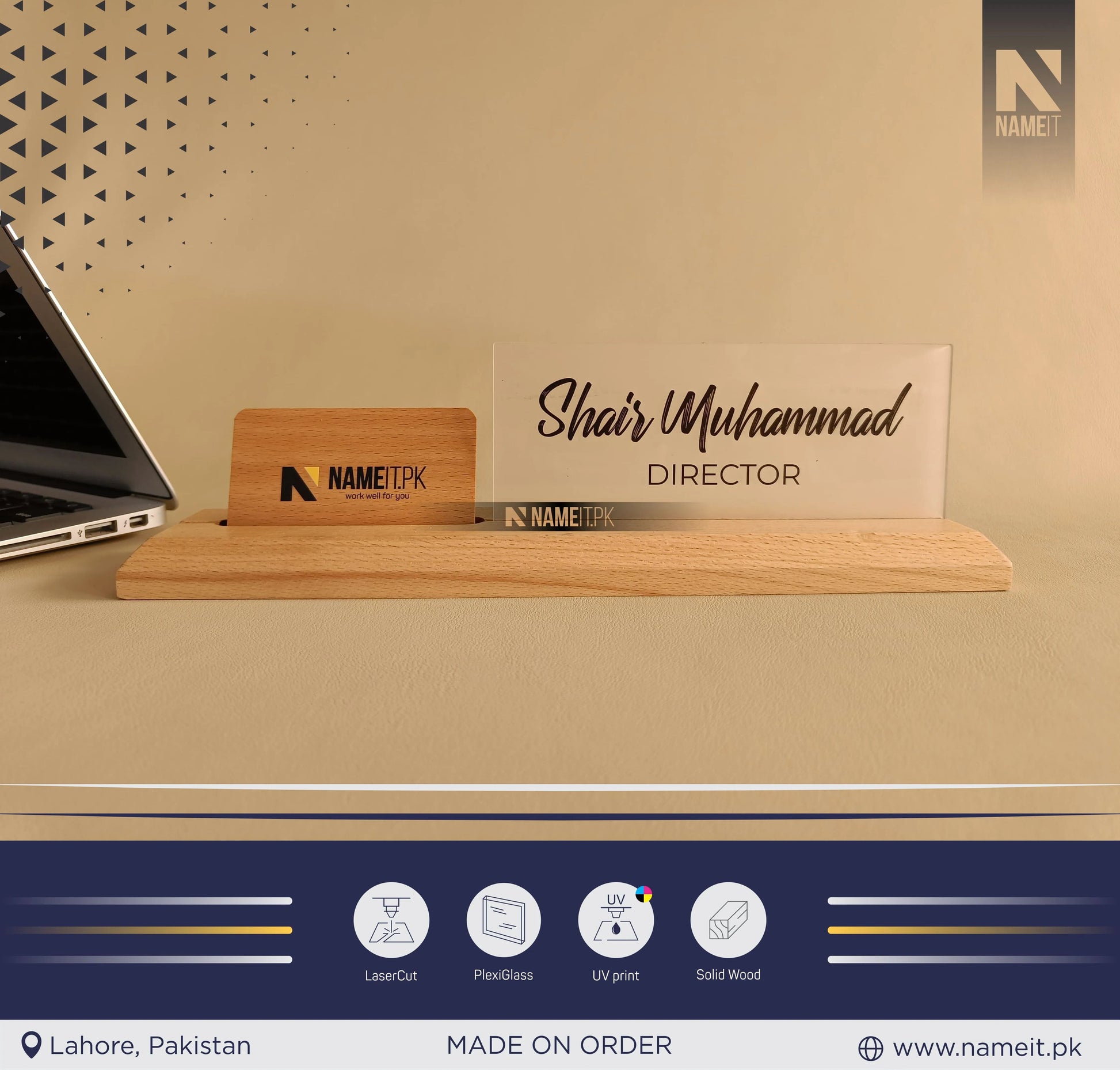 Desk Name Plate with Attached Business Card Holder, card display for office, Mobile Stand, name plate with business card holder for desk NAMEIT PAKISTAN