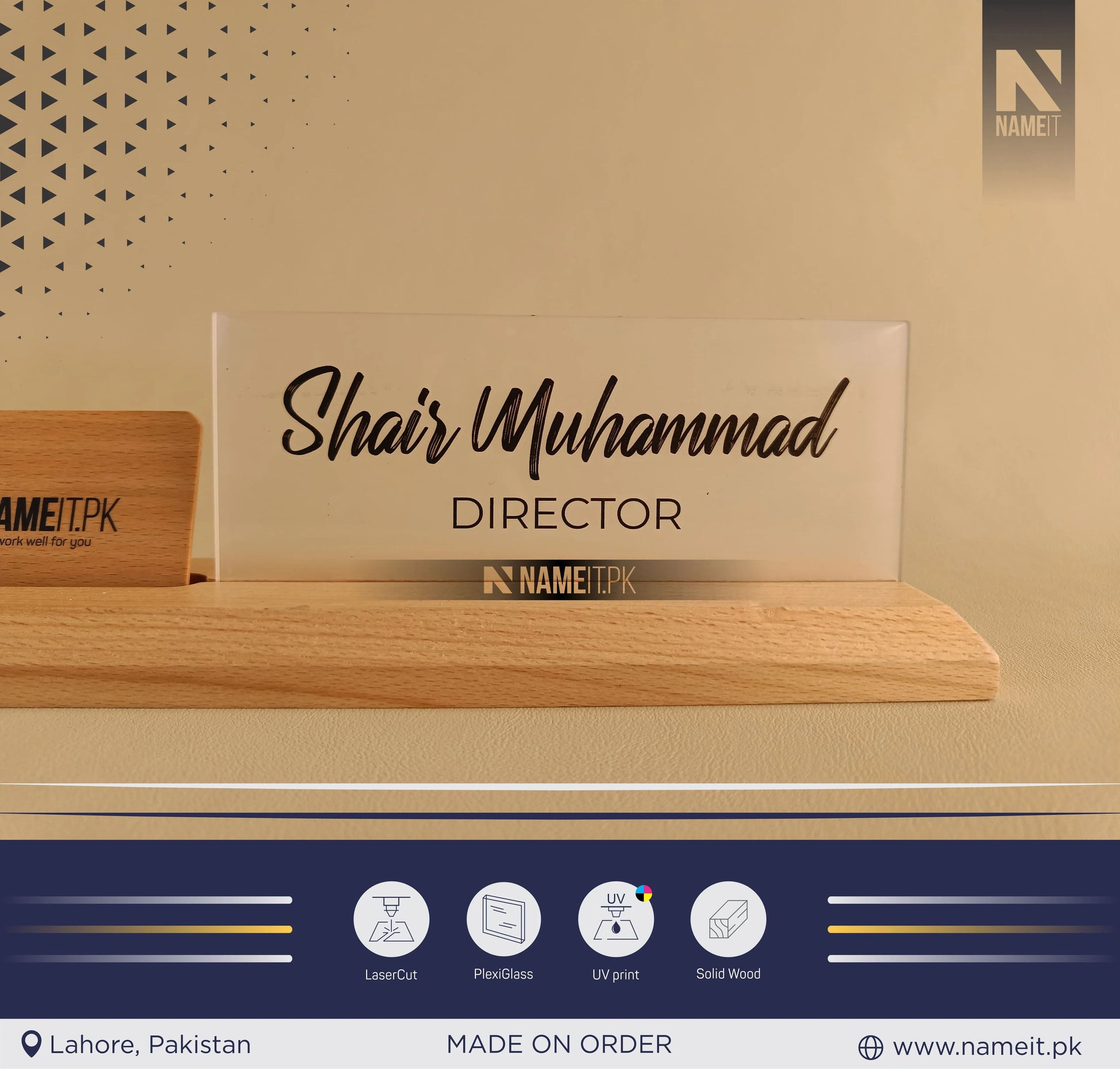 Desk Name Plate with Attached Business Card Holder, card display for office, Mobile Stand, name plate with business card holder for desk NAMEIT PAKISTAN