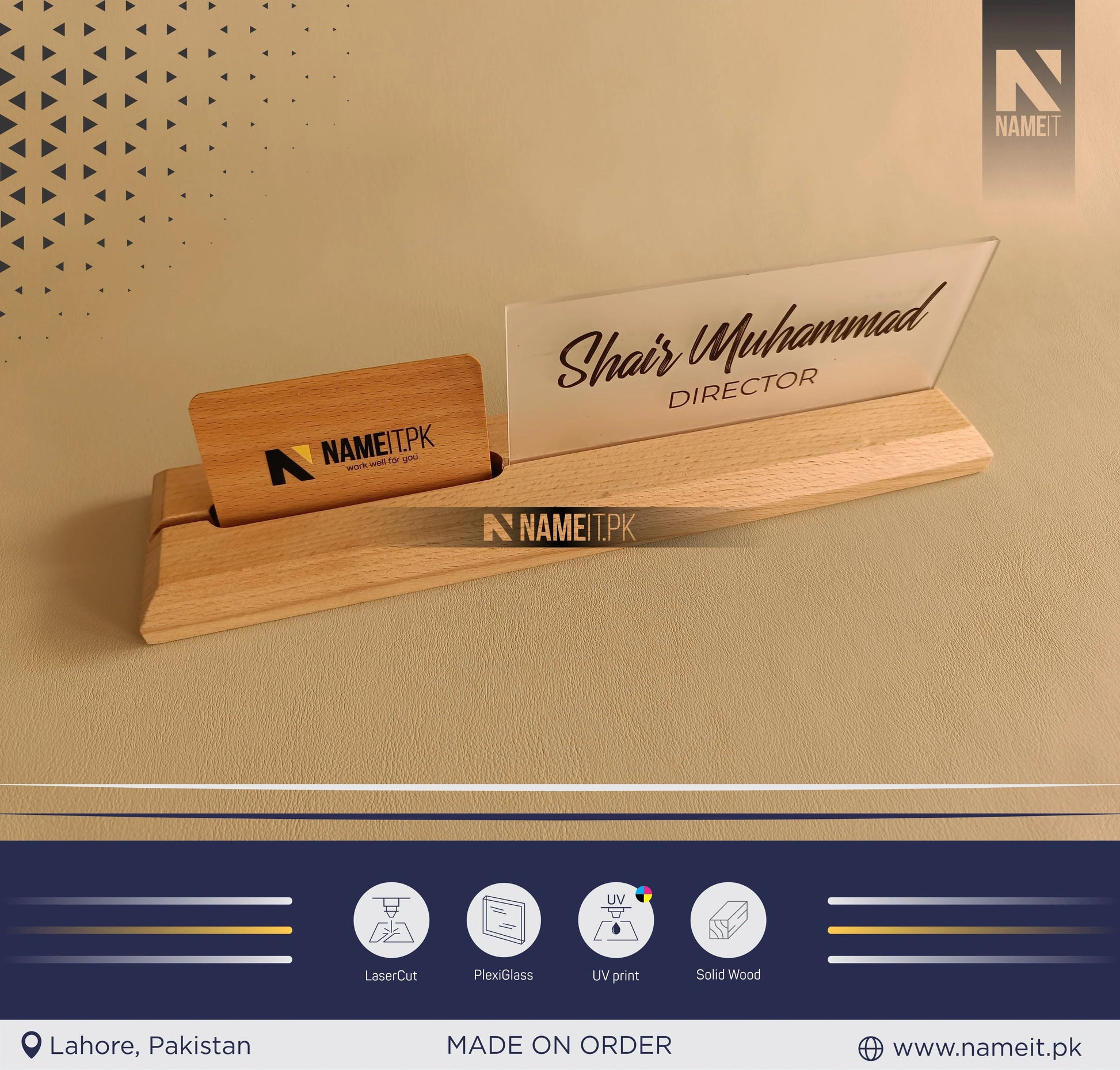 Desk Name Plate with Attached Business Card Holder, card display for office, Mobile Stand, name plate with business card holder for desk NAMEIT PAKISTAN