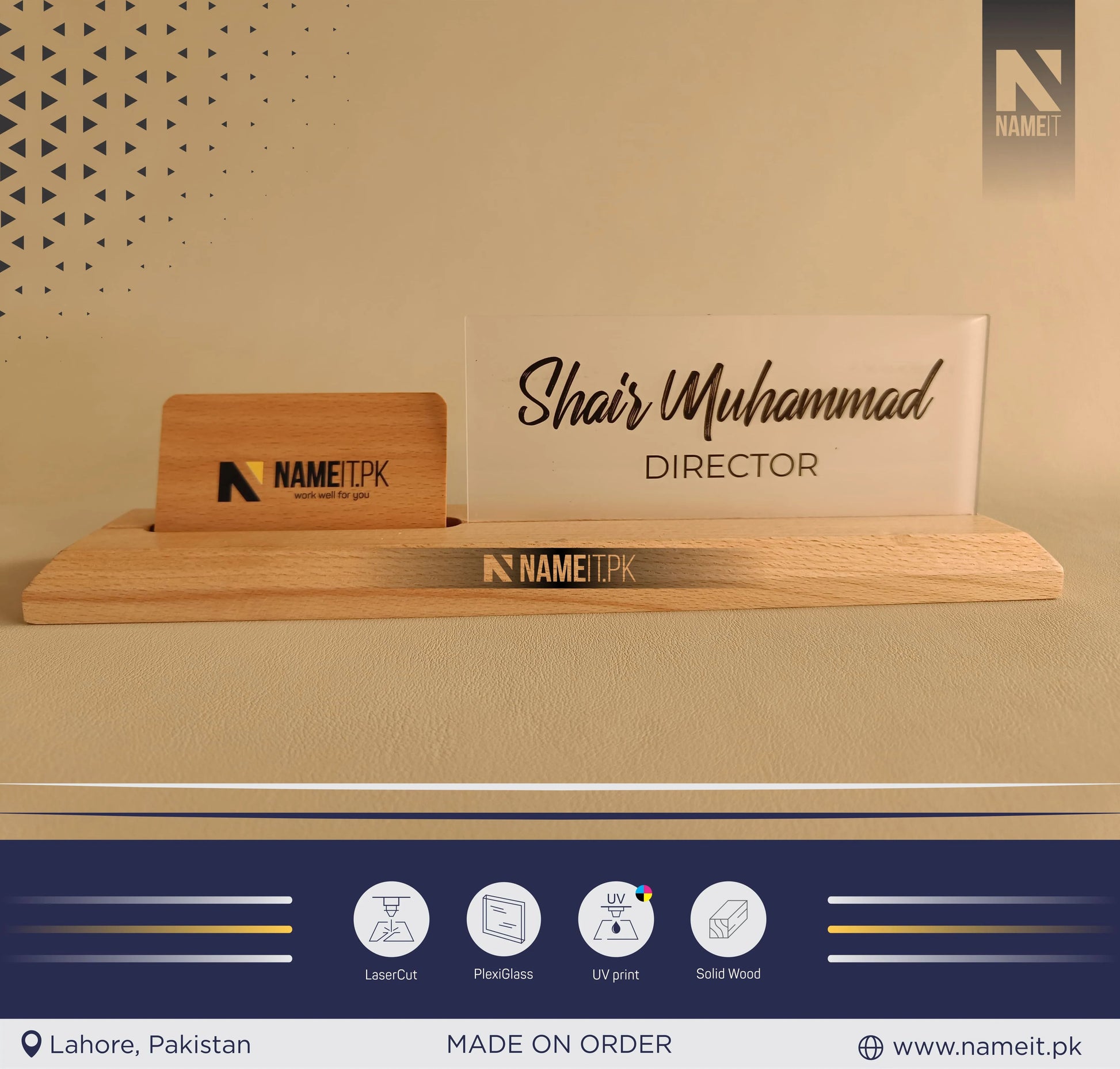 Desk Name Plate with Attached Business Card Holder, card display for office, Mobile Stand, name plate with business card holder for desk NAMEIT PAKISTAN