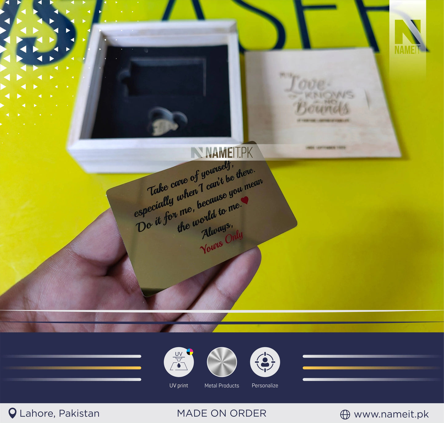 Customize Metal Wallet Card With Message, Customize Metal Tag With Box Packing (perfect Gift To Send Your Father , Husband , Fiance Or Any One) NAMEIT PAKISTAN