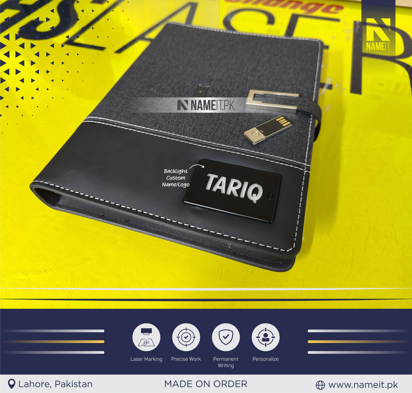 Diary, Personalized TechFolio, Diary with wireless Power Bank USB Drive, Lamp , Passport Pocket NAMEIT PAKISTAN