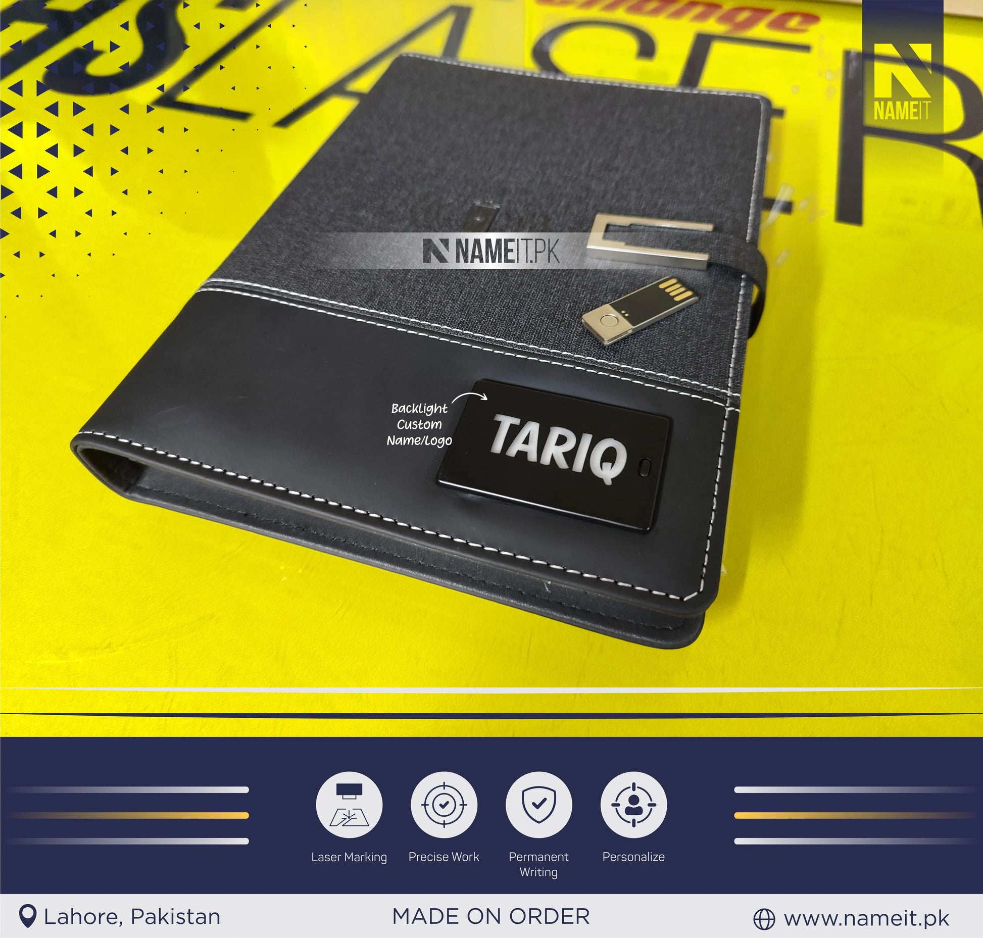 Diary, Personalized TechFolio, Diary with wireless Power Bank USB Drive, Lamp , Passport Pocket NAMEIT PAKISTAN