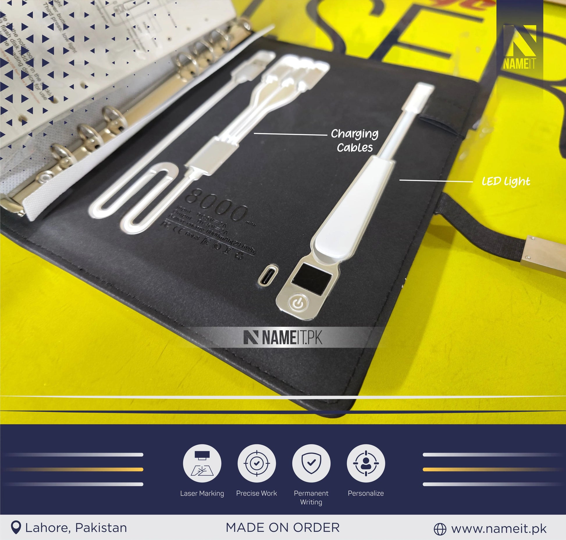 Diary, Personalized TechFolio, Diary with wireless Power Bank USB Drive, Lamp , Passport Pocket NAMEIT PAKISTAN