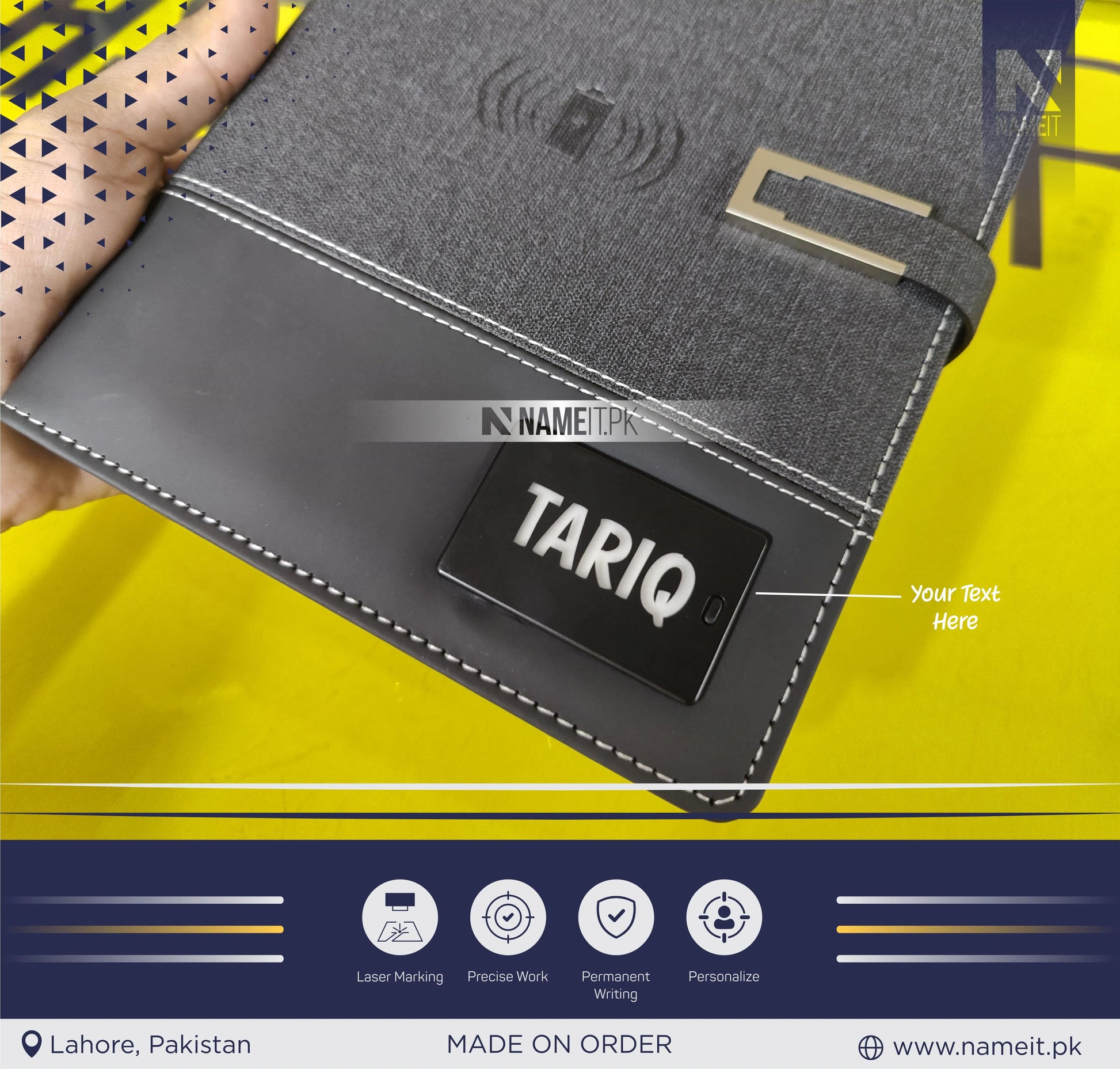 Diary, Personalized TechFolio, Diary with wireless Power Bank USB Drive, Lamp , Passport Pocket NAMEIT PAKISTAN