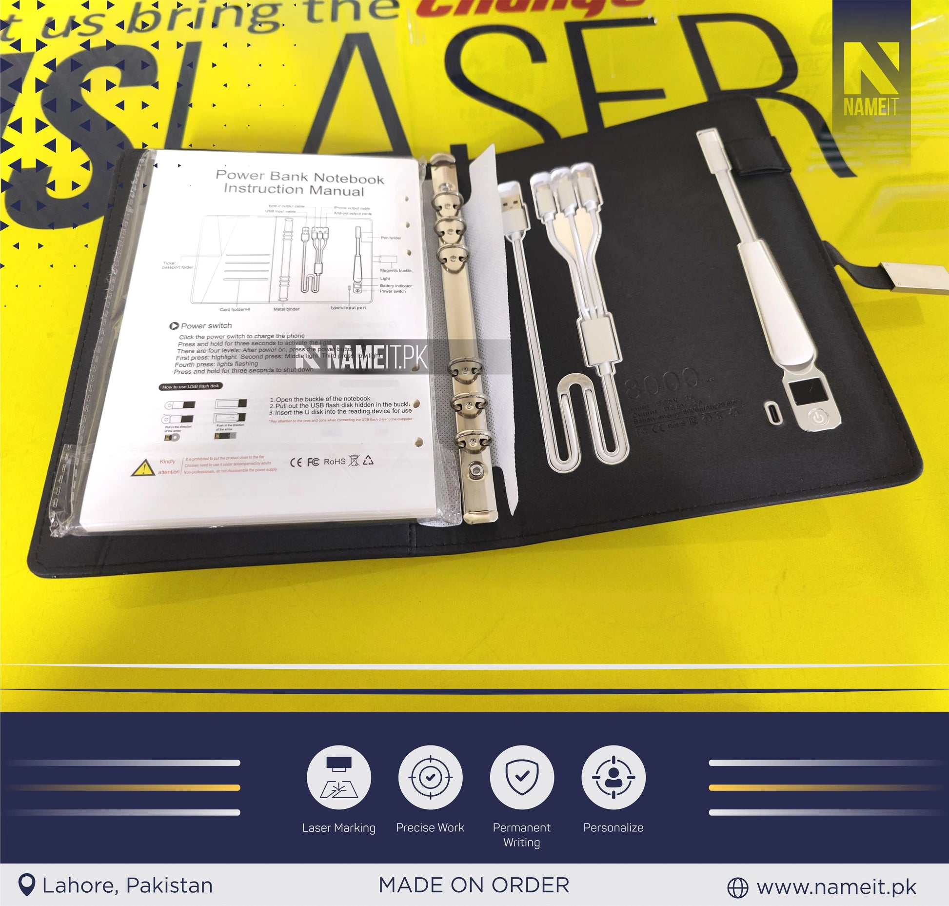 Diary, Personalized TechFolio, Diary with wireless Power Bank USB Drive, Lamp , Passport Pocket NAMEIT PAKISTAN