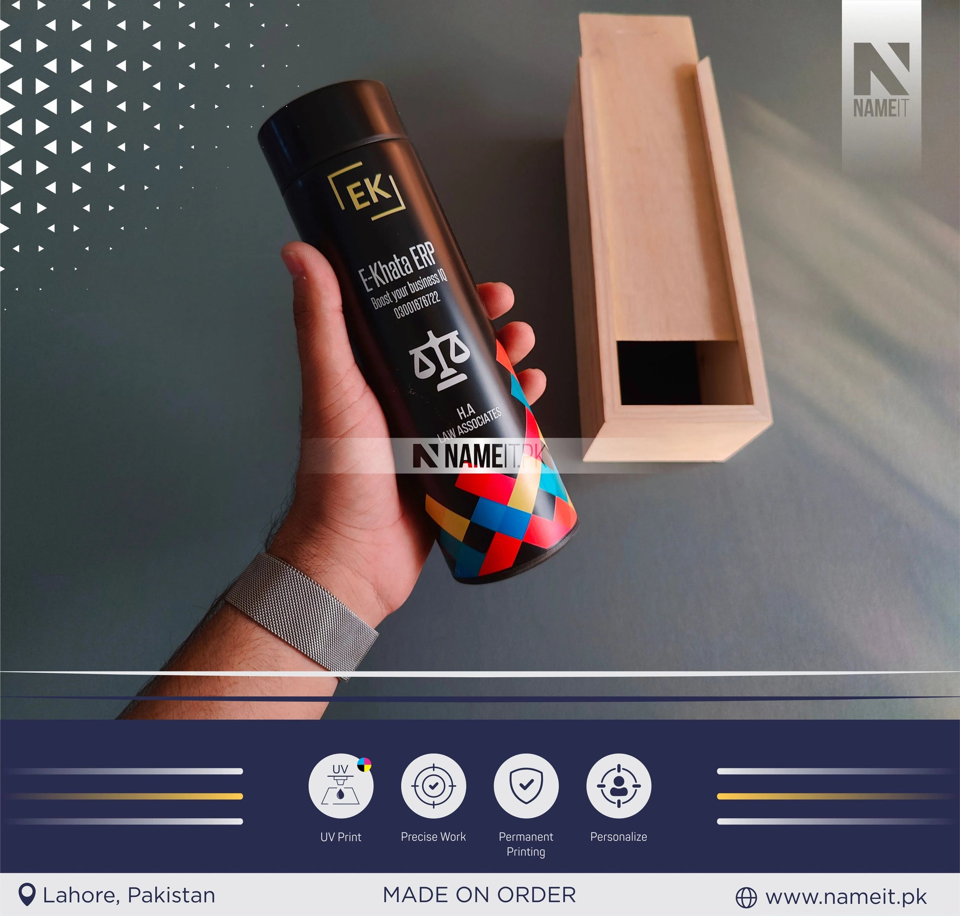 Personalized Digital Temperature Display Thermos with Elegent Natural Wooden Box, Round Printed Water Bottle NAMEIT PAKISTAN
