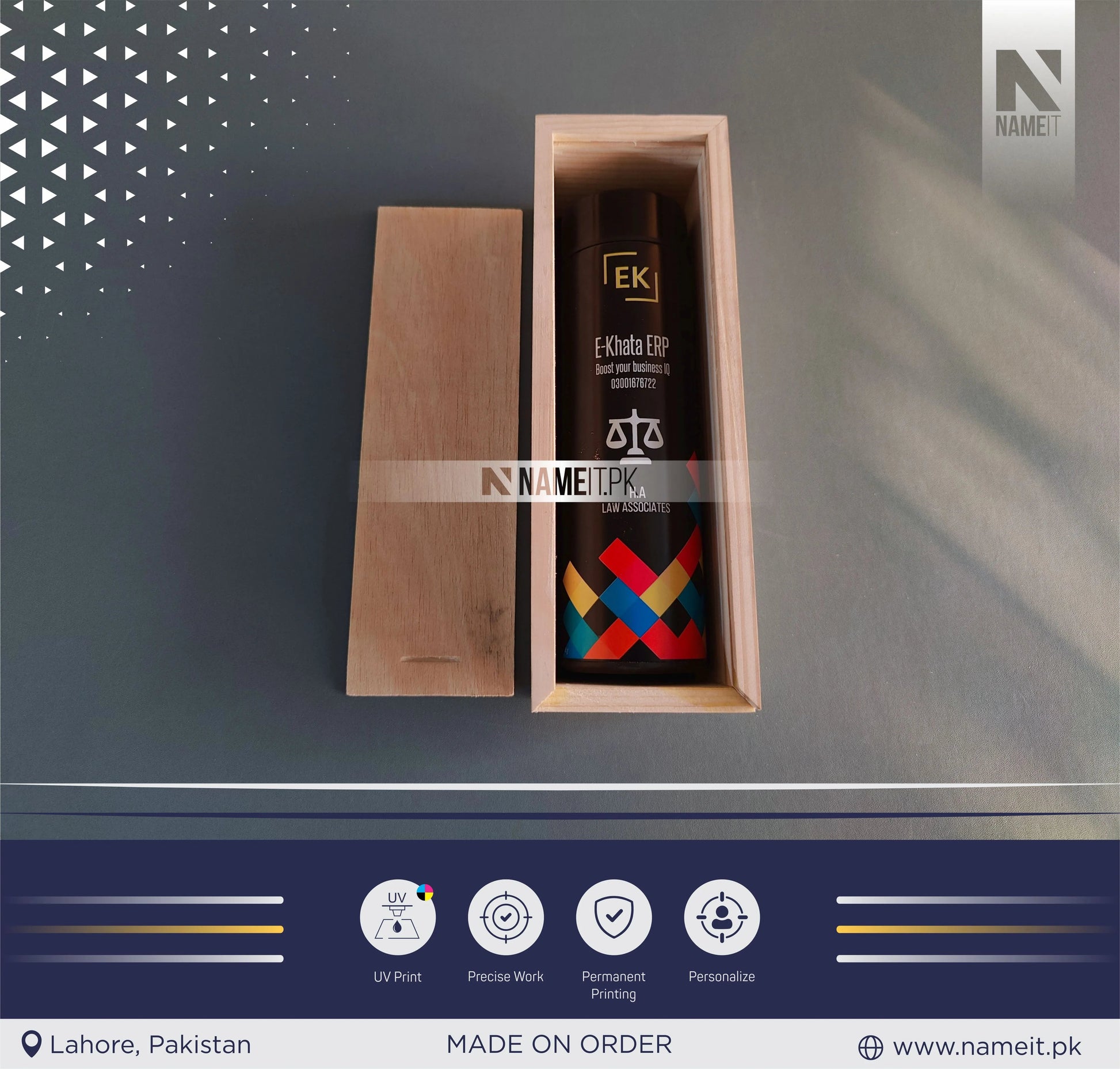 Personalized Digital Temperature Display Thermos with Elegent Natural Wooden Box, Round Printed Water Bottle NAMEIT PAKISTAN