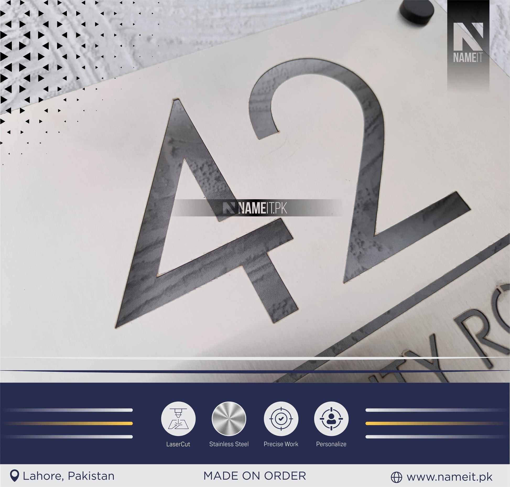 Laser Cut Name Plate Stainless Steel, indoor & outdoor, Office name Plate, House Name Plate NAMEIT PAKISTAN