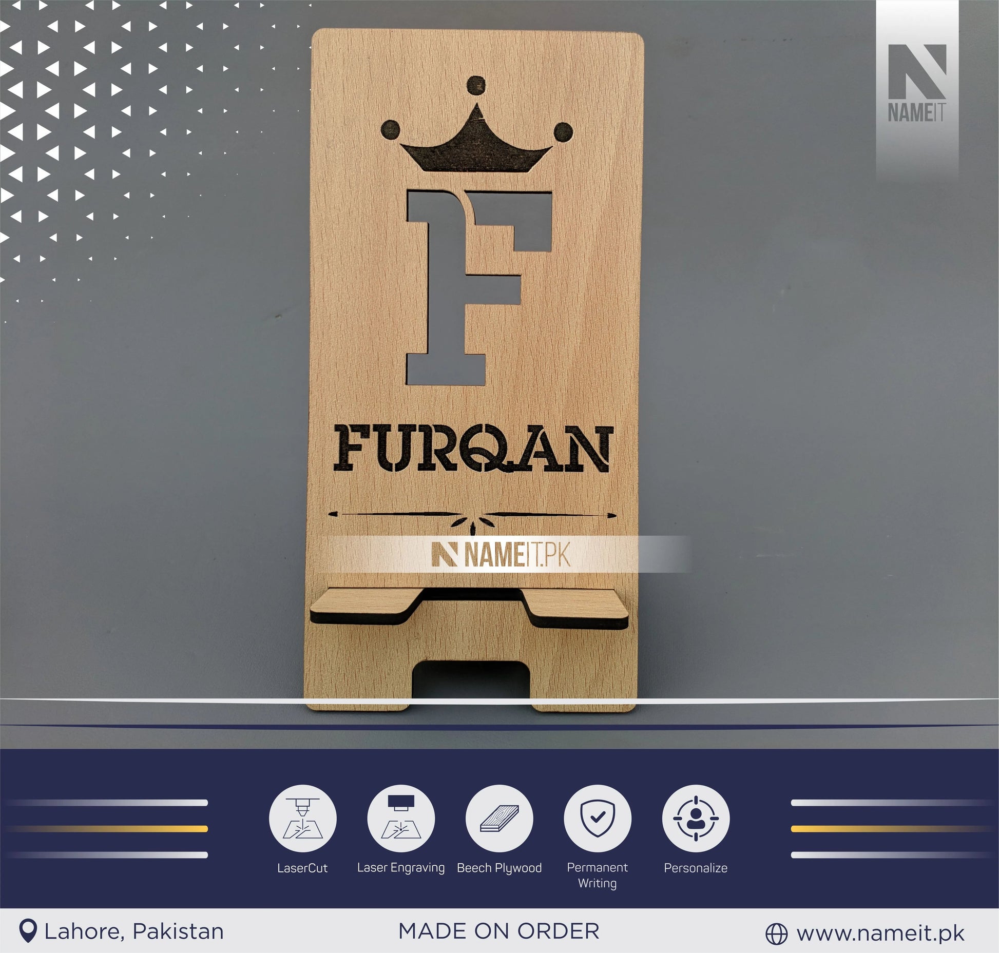 Mobile Wooden Stand, Customize Mobile Stand, Engraved Mobile Wooden Stand. NAMEIT PAKISTAN