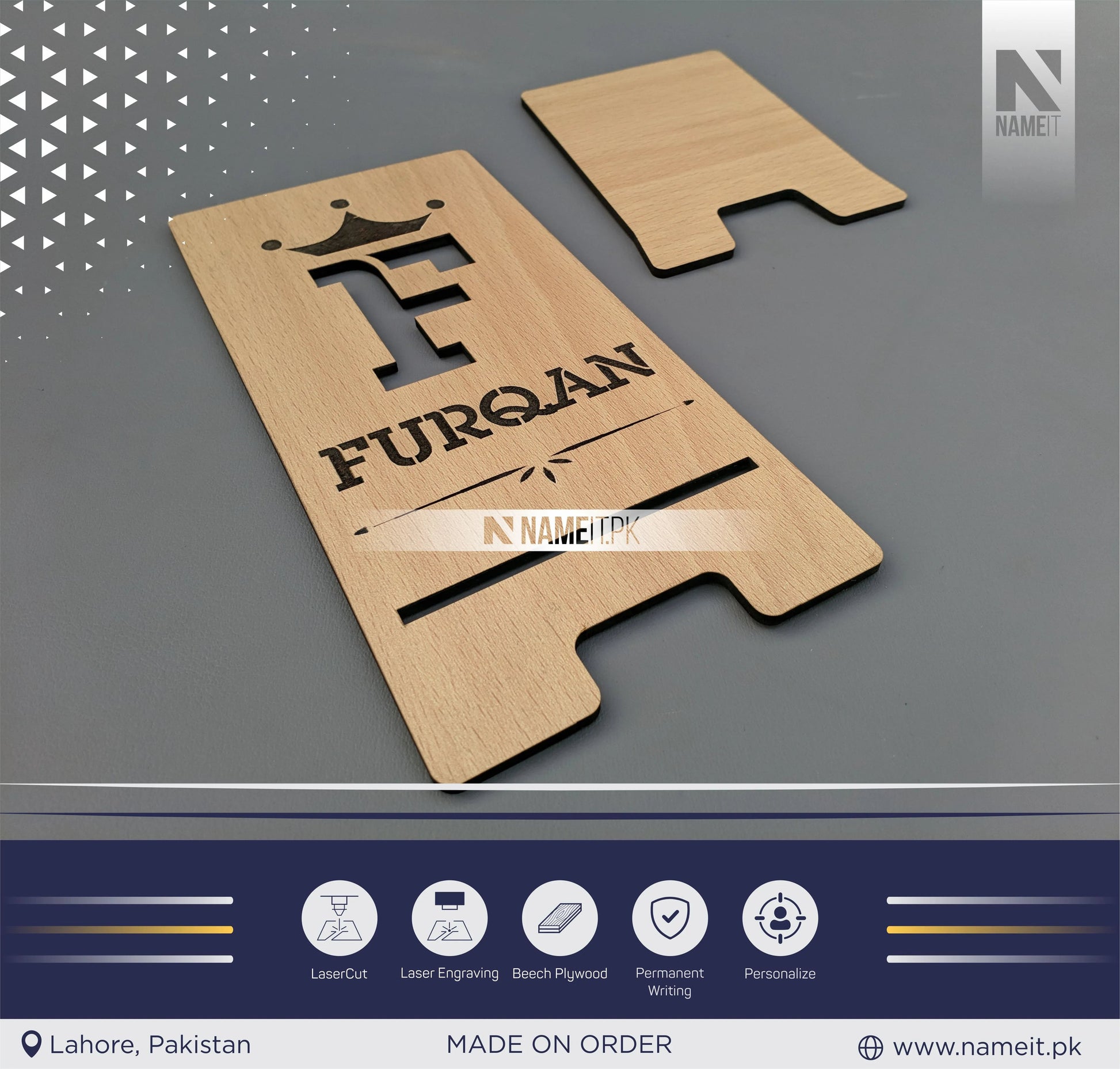 Mobile Wooden Stand, Customize Mobile Stand, Engraved Mobile Wooden Stand. NAMEIT PAKISTAN