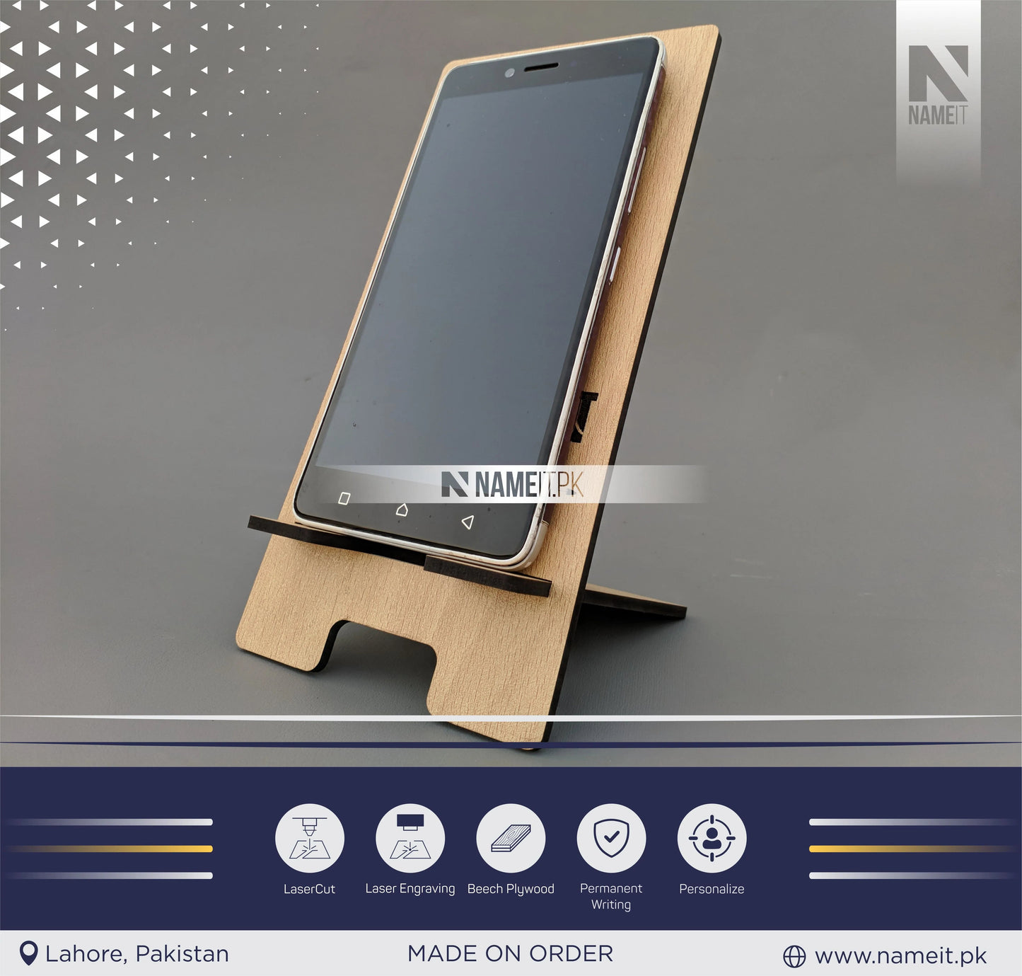 Mobile Wooden Stand, Customize Mobile Stand, Engraved Mobile Wooden Stand. NAMEIT PAKISTAN
