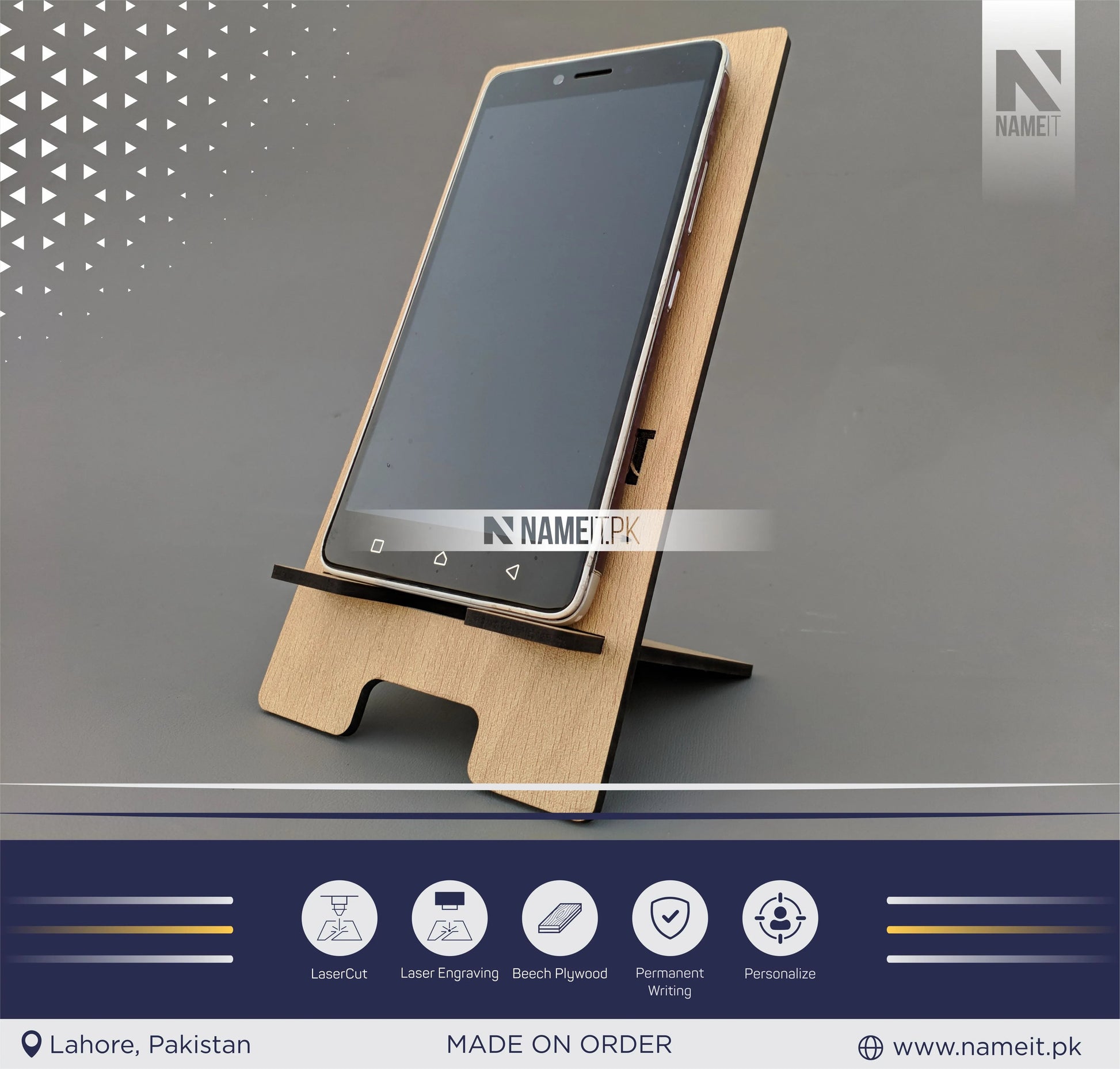 Mobile Wooden Stand, Customize Mobile Stand, Engraved Mobile Wooden Stand. NAMEIT PAKISTAN