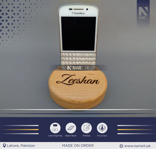 Mobile Wooden Stand, Customize Round Mobile Stand, Engraved Mobile Wooden Stand. NAMEIT PAKISTAN