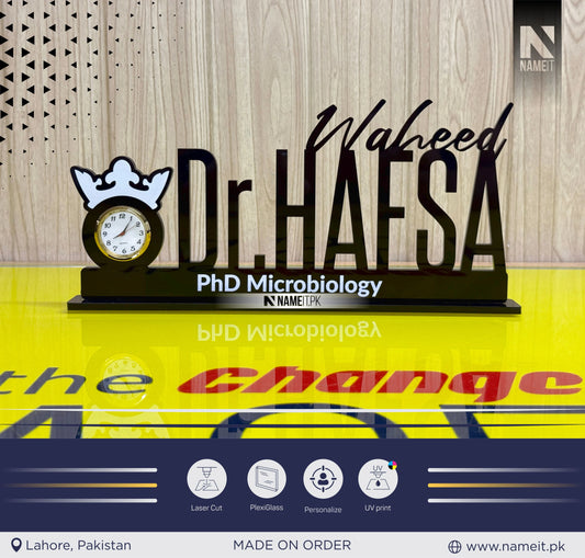 Table Name Plate, Custom Black Acrylic Desk Name Plate with Clock – Personalized Office Table Name Sign – Elegant Desk Nameplate for Professionals"