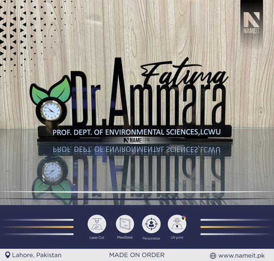 Table Name Plate, Custom Black Acrylic Desk Name Plate with Clock – Doctor Desk Name Plate, Nurse Office Decor Gift, Custom Black Acrylic Sign with Leaves, Medical Office Decor