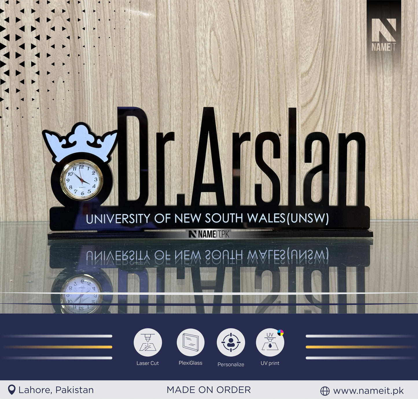 Table Name Plate, Custom Black Acrylic Desk Name Plate with Clock – Doctor Desk Name Plate, Nurse Office Decor Gift, Custom Black Acrylic Sign with Crown, Medical Office Decor