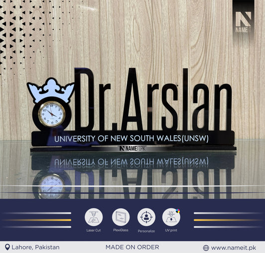 Table Name Plate, Custom Black Acrylic Desk Name Plate with Clock – Doctor Desk Name Plate, Nurse Office Decor Gift, Custom Black Acrylic Sign with Crown, Medical Office Decor