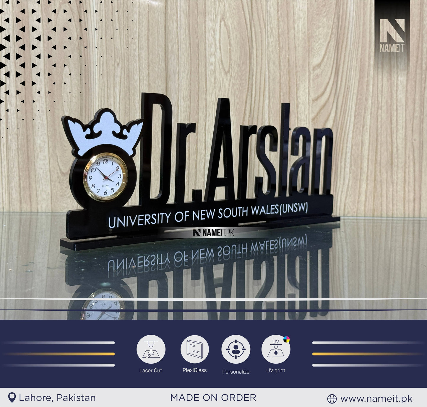 Table Name Plate, Custom Black Acrylic Desk Name Plate with Clock – Doctor Desk Name Plate, Nurse Office Decor Gift, Custom Black Acrylic Sign with Crown, Medical Office Decor