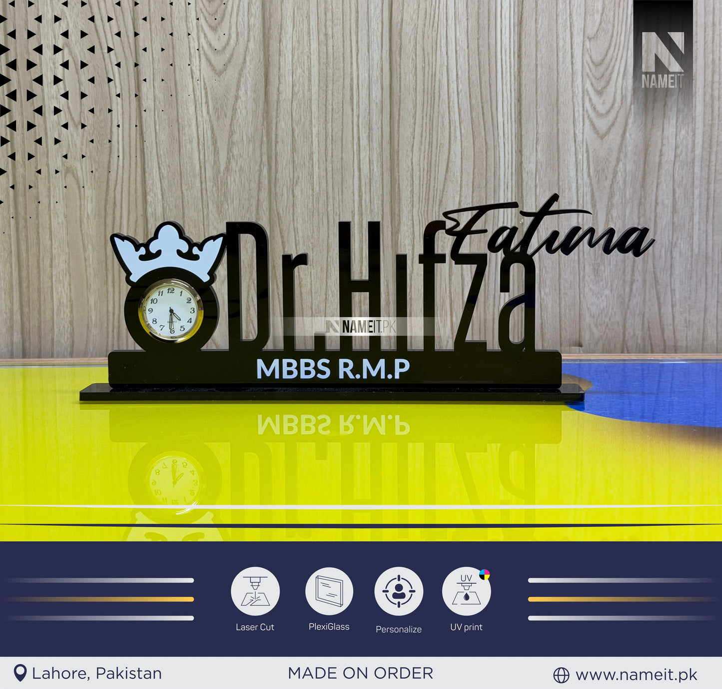 Table Name Plate, Custom Black Acrylic Desk Name Plate with Clock – Doctor Desk Name Plate, Nurse Office Decor Gift, Custom Black Acrylic Sign with Crown, Medical Office Decor