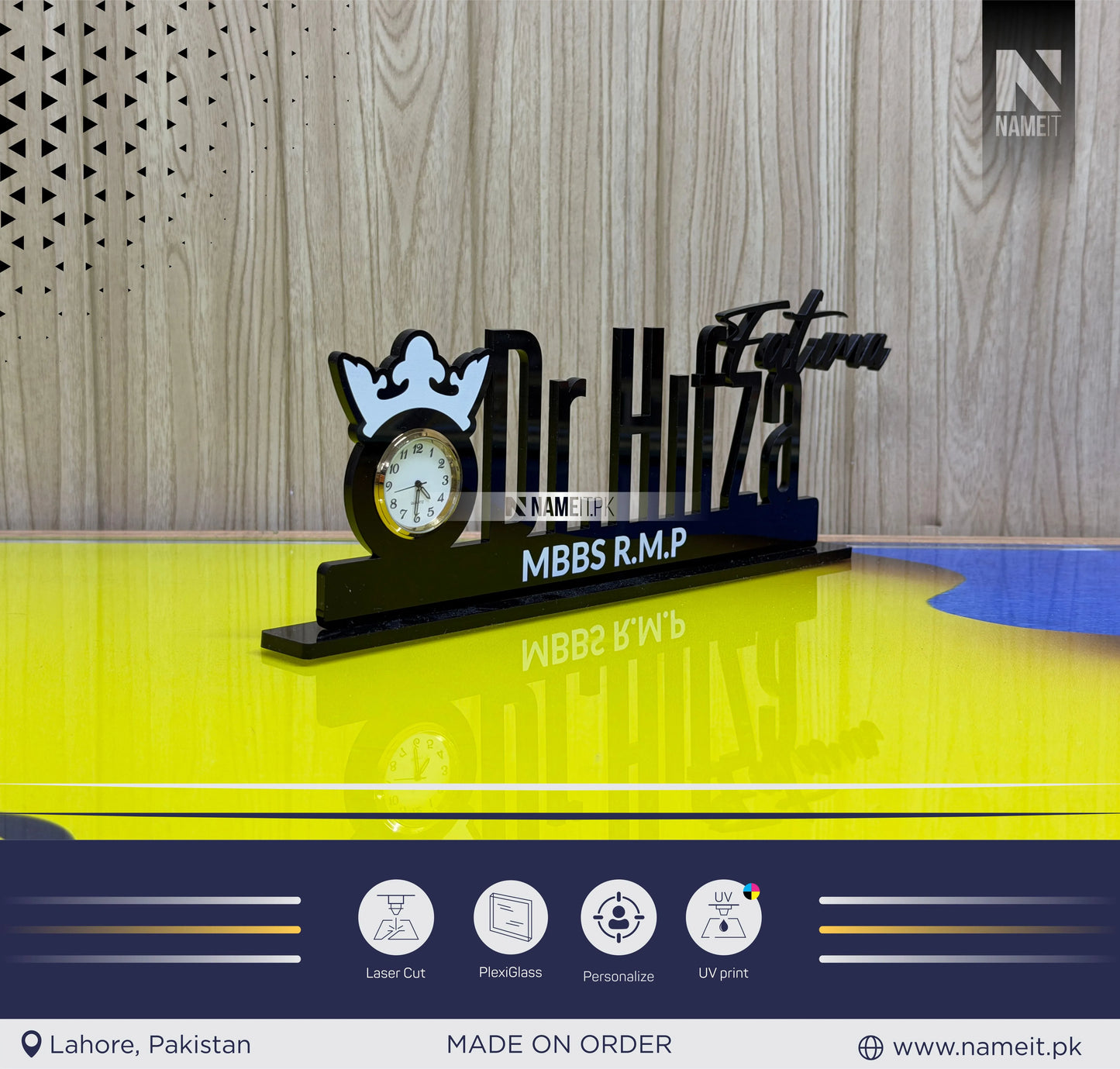 Table Name Plate, Custom Black Acrylic Desk Name Plate with Clock – Doctor Desk Name Plate, Nurse Office Decor Gift, Custom Black Acrylic Sign with Crown, Medical Office Decor