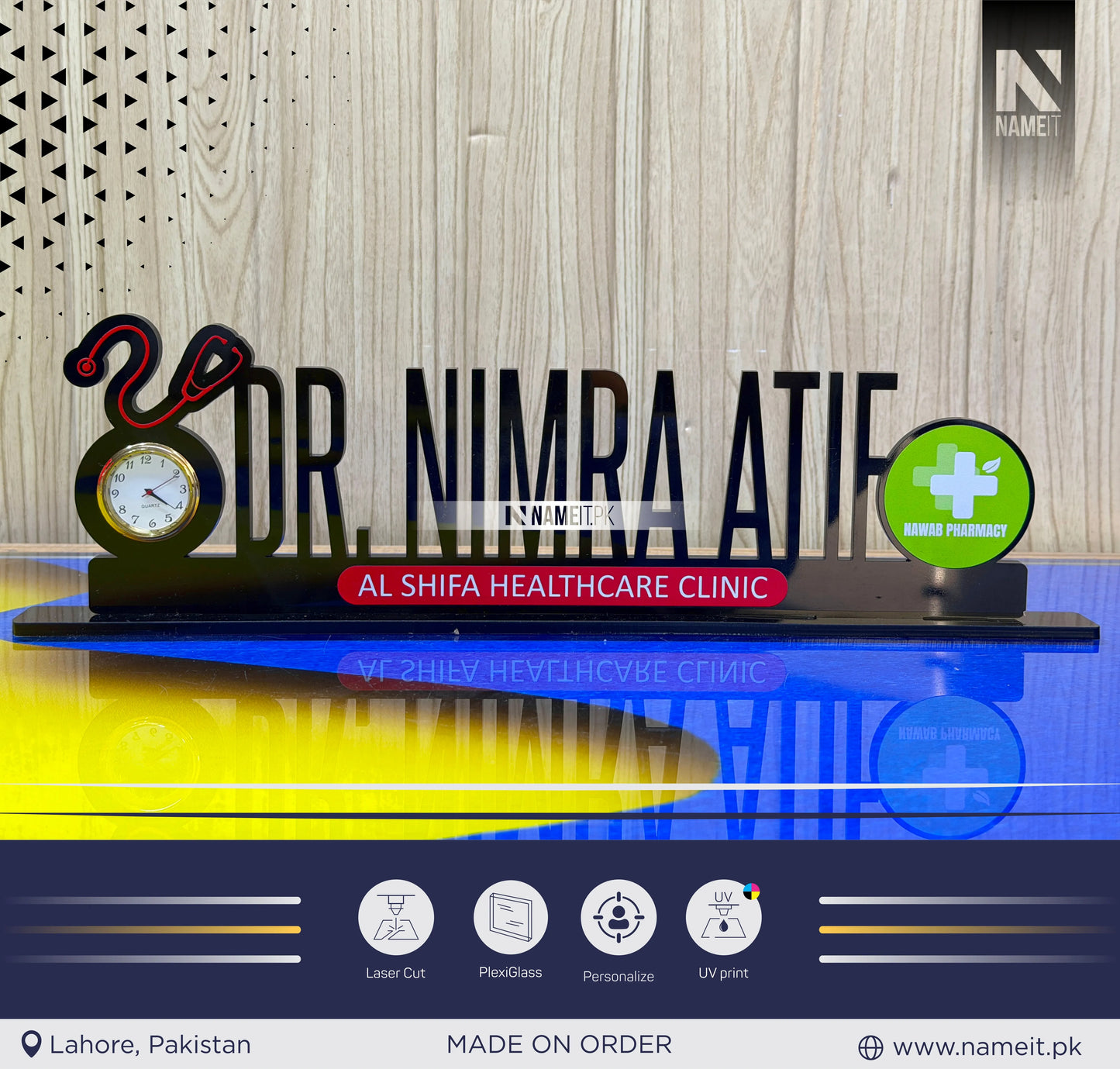 Table Name Plate, Custom Black Acrylic Desk Name Plate with Clock – Doctor Desk Name Plate, Nurse Office Decor Gift, Custom Black Acrylic Sign with Leaves, Medical Office Decor