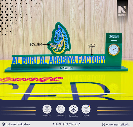 Custom Corporate Desk Name Plate with Clock | Personalized Office Nameplate | Saudi Theme Acrylic Desk Sign