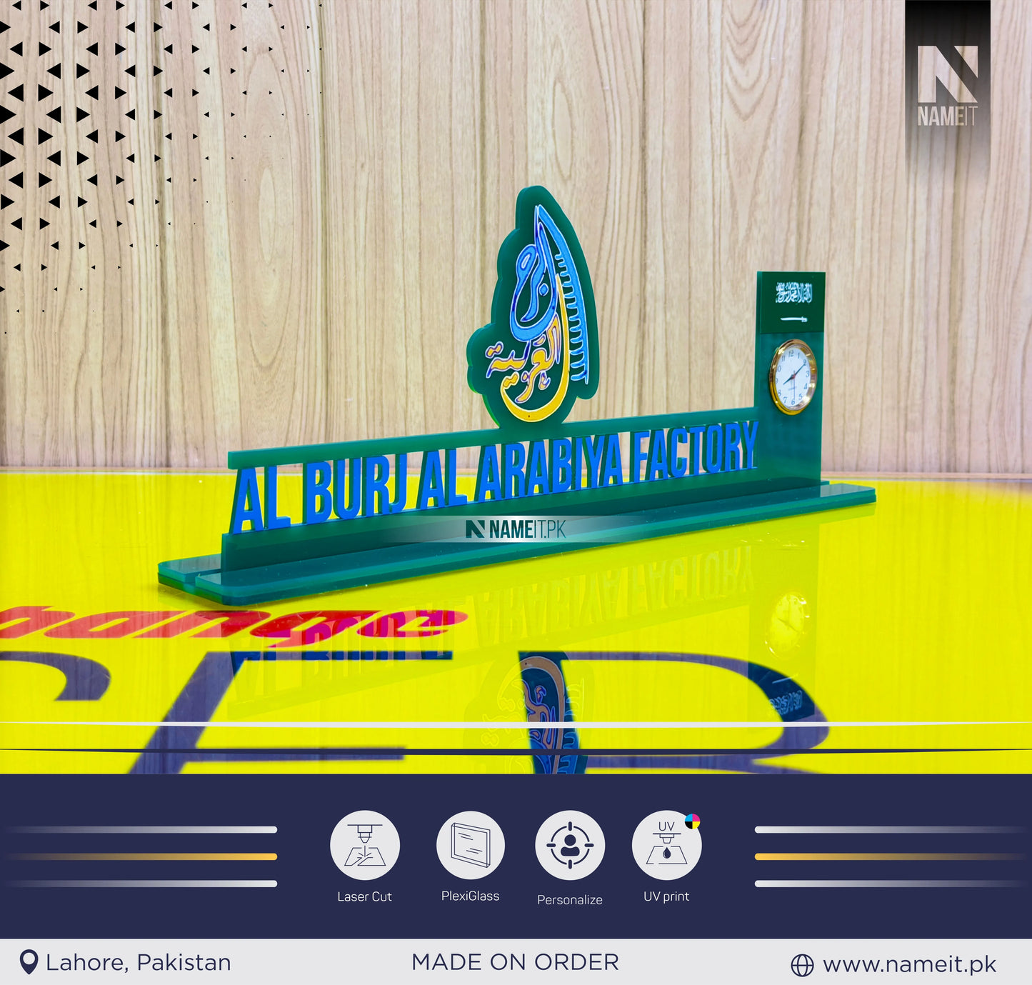 Custom Corporate Desk Name Plate with Clock | Personalized Office Nameplate | Saudi Theme Acrylic Desk Sign