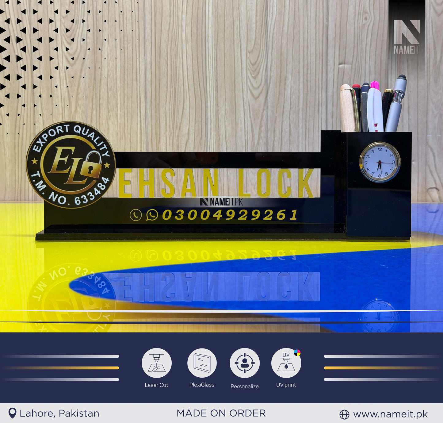 ✨ Personalized Printed Acrylic Desk Name Plate with Custom Name, Company Logo, Contact Details, Built-in Clock & Pen Holder | Premium Office Desk Accessory & Corporate Gift 🎁💼