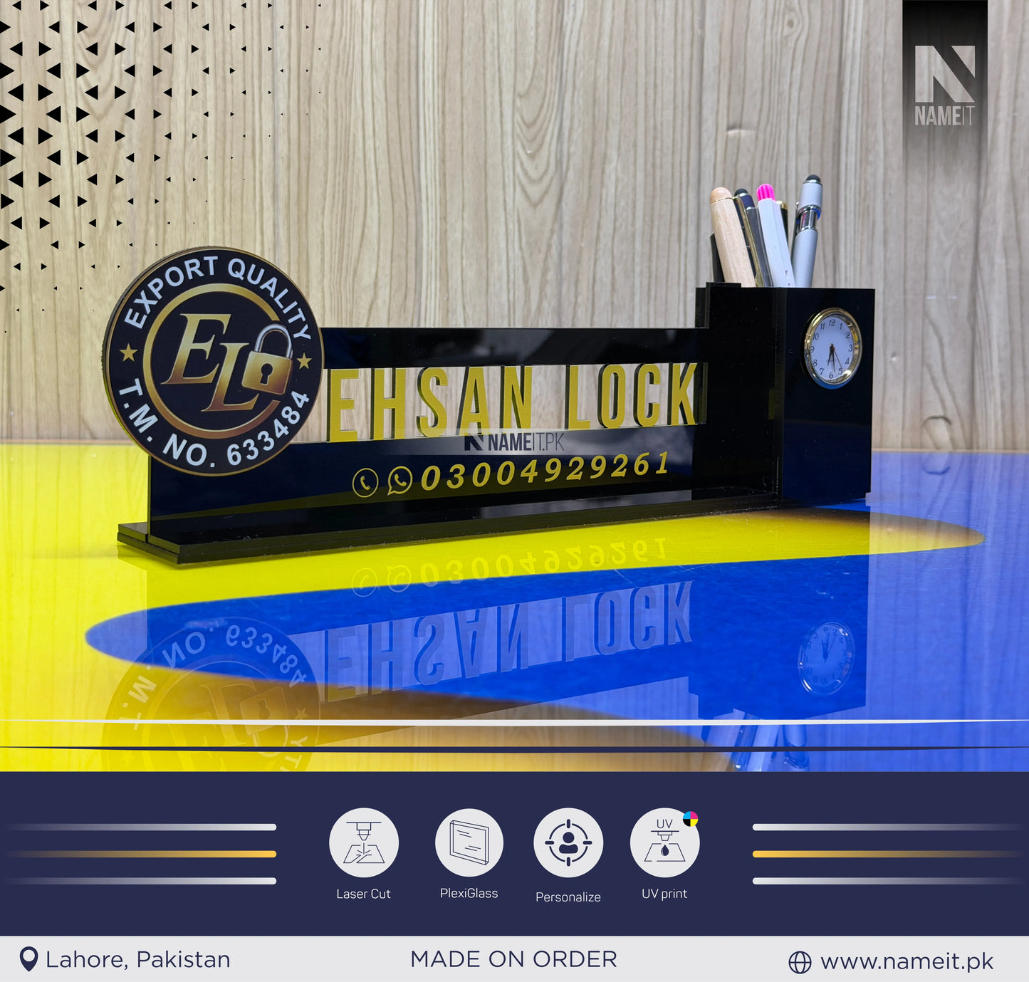 ✨ Personalized Printed Acrylic Desk Name Plate with Custom Name, Company Logo, Contact Details, Built-in Clock & Pen Holder | Premium Office Desk Accessory & Corporate Gift 🎁💼