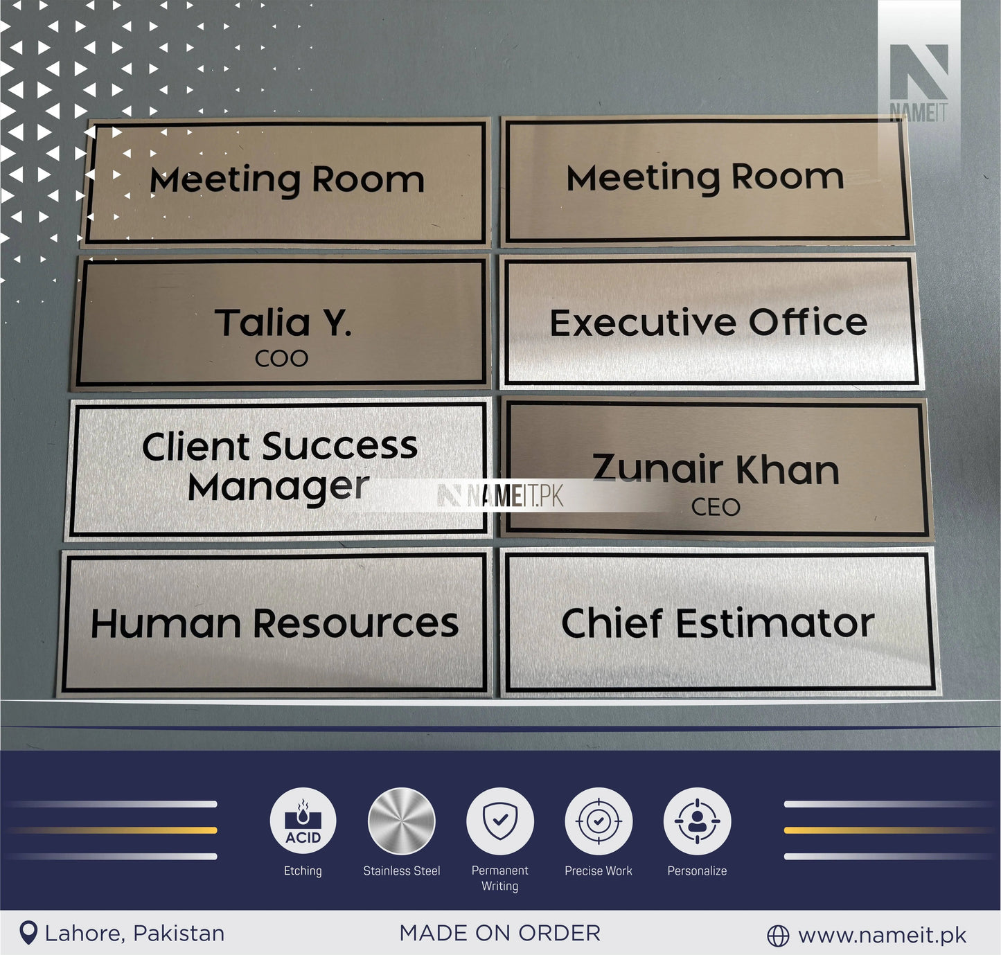 Personalised Wall Name Plate Office Sign, Custom Etching Door Sign, Plaque, Business Name Sign, Peel & Stick Adhesive. NAMEIT PAKISTAN