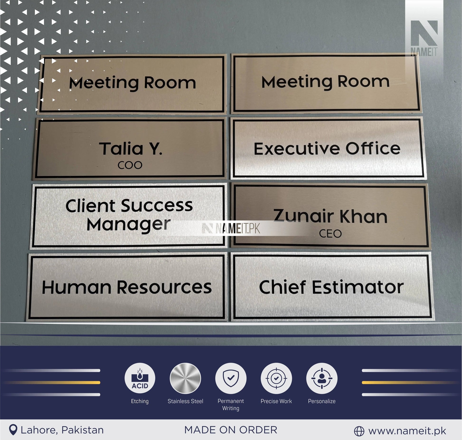 Personalised Wall Name Plate Office Sign, Custom Etching Door Sign, Plaque, Business Name Sign, Peel & Stick Adhesive. NAMEIT PAKISTAN