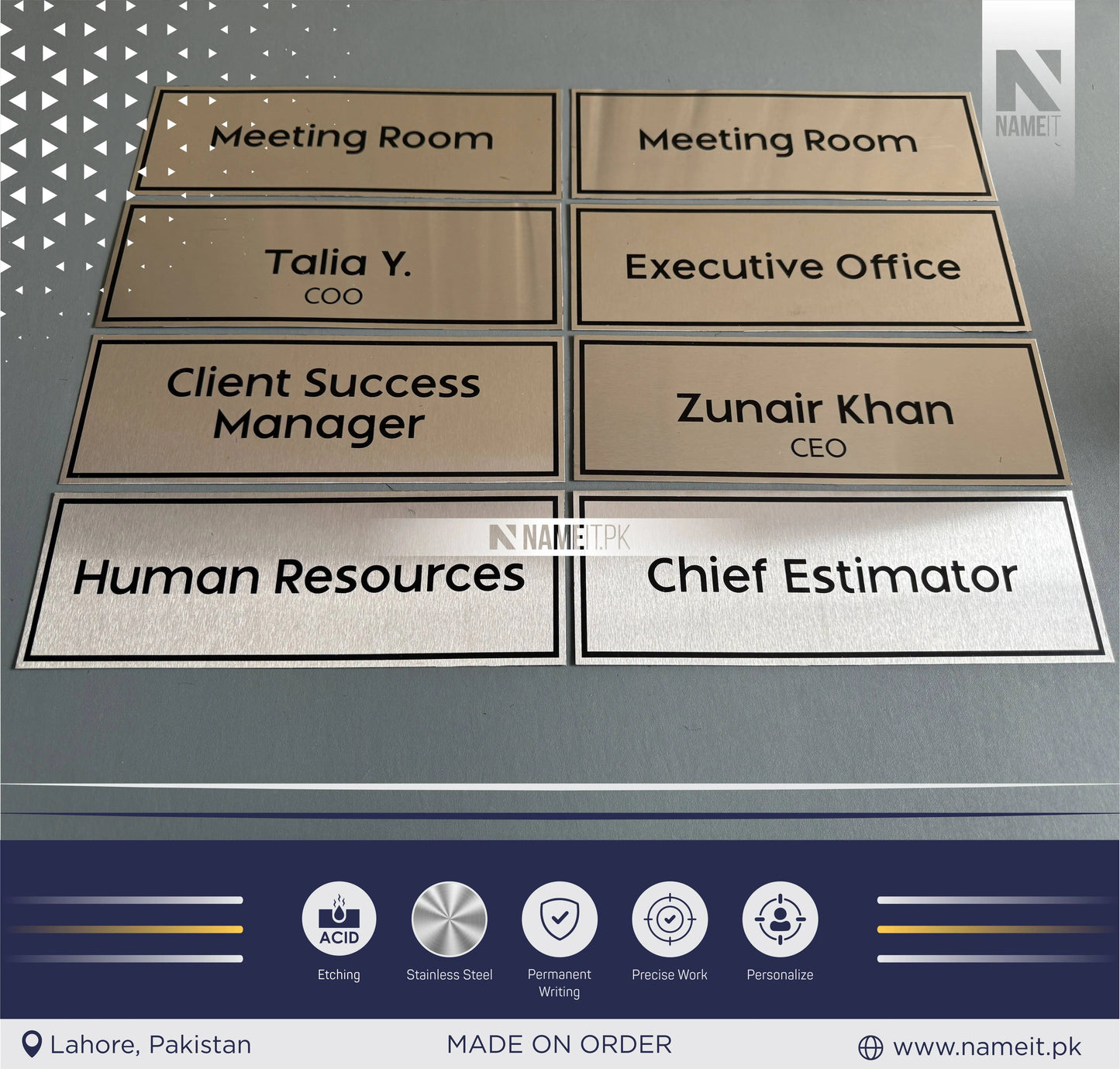 Personalised Wall Name Plate Office Sign, Custom Etching Door Sign, Plaque, Business Name Sign, Peel & Stick Adhesive. NAMEIT PAKISTAN