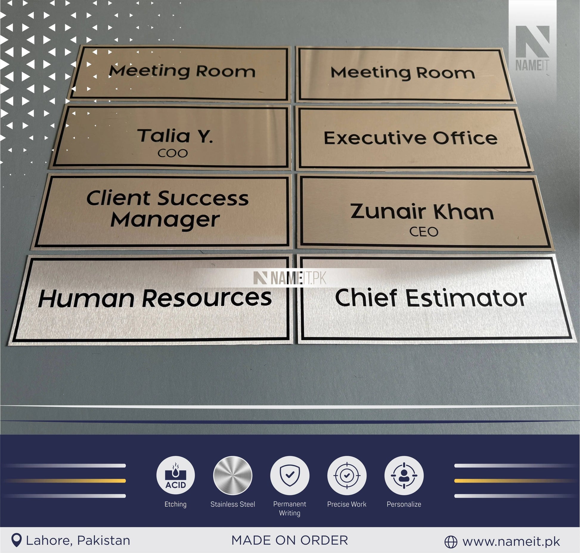 Personalised Wall Name Plate Office Sign, Custom Etching Door Sign, Plaque, Business Name Sign, Peel & Stick Adhesive. NAMEIT PAKISTAN
