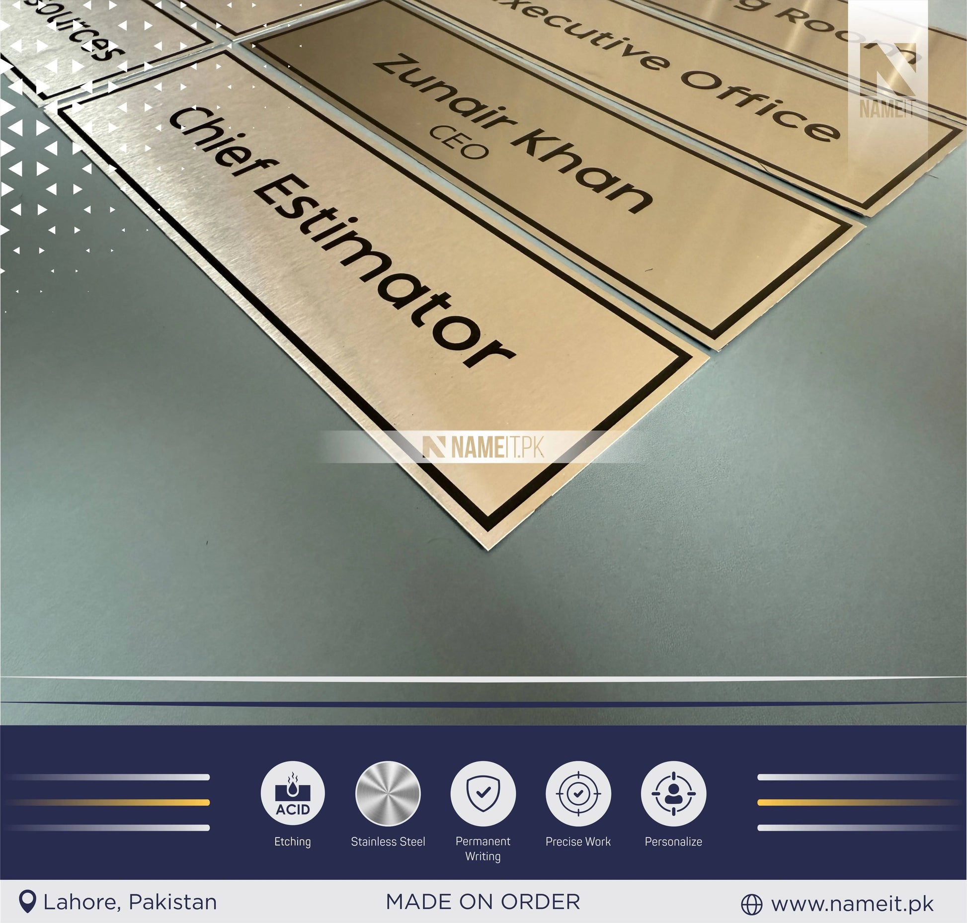 Personalised Wall Name Plate Office Sign, Custom Etching Door Sign, Plaque, Business Name Sign, Peel & Stick Adhesive. NAMEIT PAKISTAN